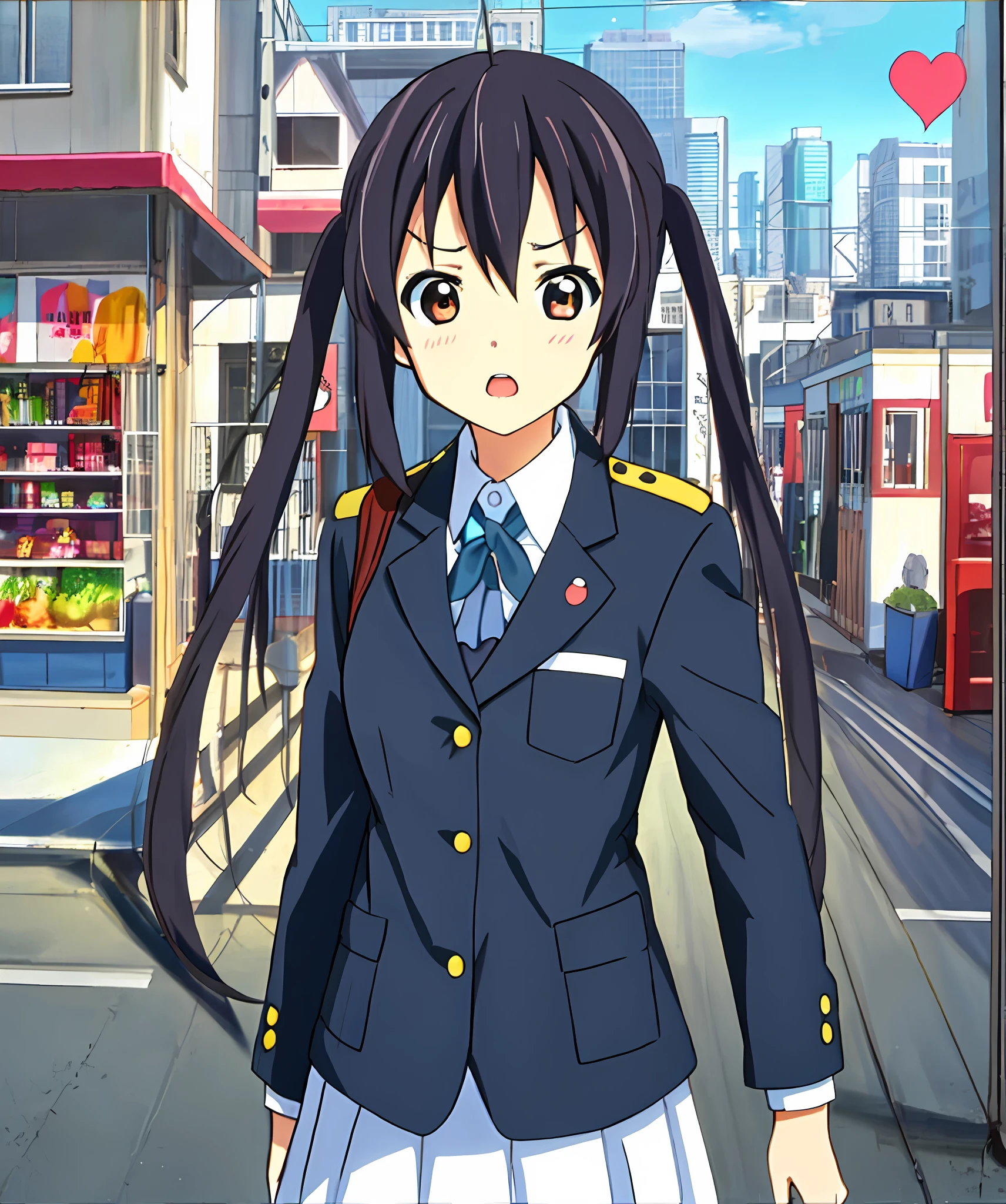 1girl in, (((masterpiece))), top-quality, top-quality, high details, nakano azusa, 1girl in, Sakuragaoka High School Uniform,student clothes, Twin-tailed, length hair, A dark-haired, Brown-eyed, 独奏, reddish, Dark blue blazer with thin red ribbon, Solid white buttoned shirt under blazer, illustratio, comic strip, Soothing tones, Subdued Color, Soft cinematic light, adobe lightroom, Photolab, nffsw, intricately and hyper-detailed、(((depth of fields))))。(((masterpiece)))。(((top-quality))).)((ultra-detailliert)))。(((illustratio)))。(((takeout))).Dynamic Focus.Small breasts.(((Skyscrapers))).(((A city scape))).(((Face of sadness))). Open mouth.(((up chest))).
