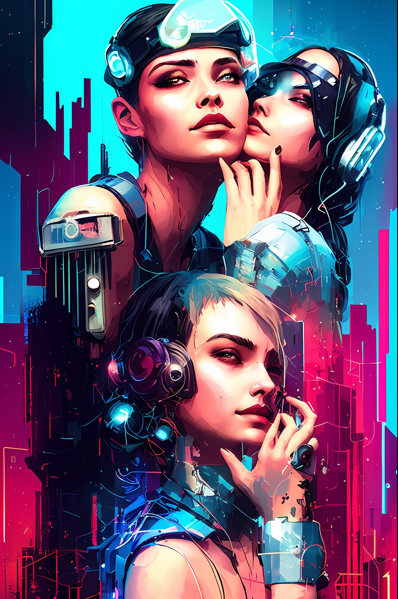 Beautiful woman kissing cyberpunk woman, snthwve style nvinkpunk, by jeremy mann, by sandra chevrier, by dave mckean and richard avedon and maciej kuciara, punk rock, tank girl, high detailed, 4k, RTX