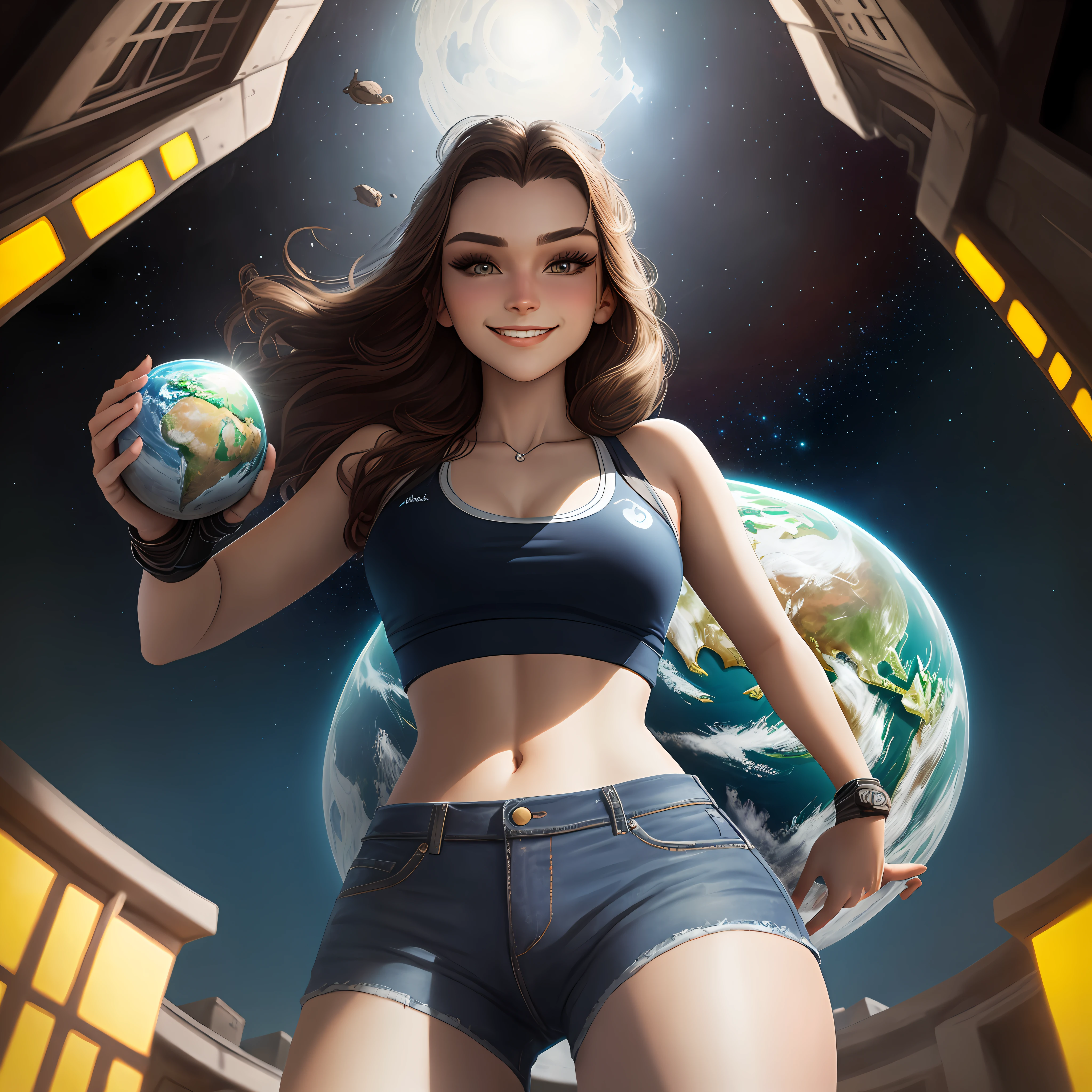 Beautiful young brunette woman in blue crop top holding planet earth in her hand, smirking, evil, looking down at camera, low angle, (from_below:1.5), background cosmic, cinematic hd 4k 8k highly detailed octane render trending artstation, Dynamic Light