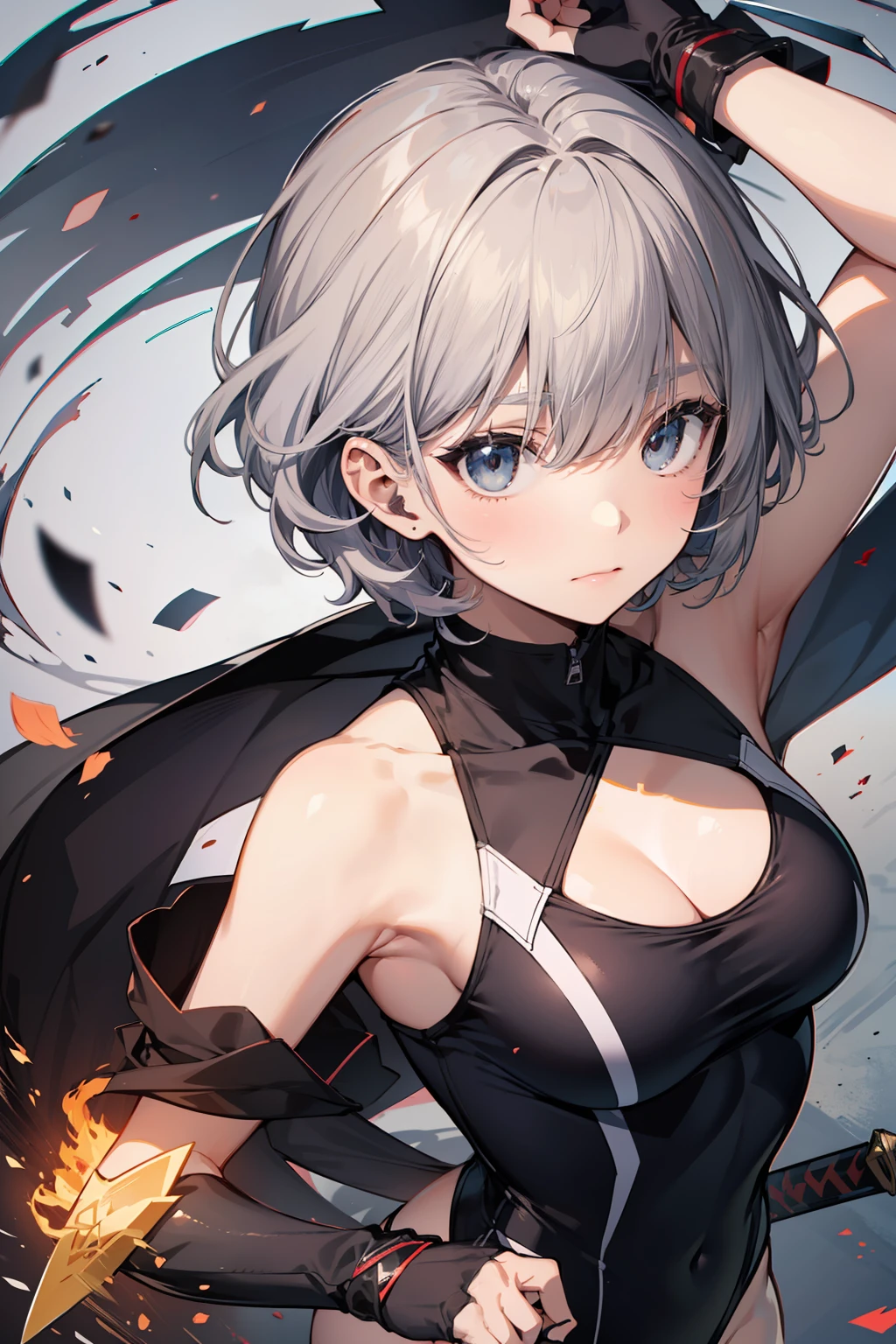 high-level image quality、top-quality、Detailed drawing、Does not blush cheeks、Slender beauty、Docile、ninjartist、Sailorsk swimsuit、Small eyes、Smaller chest、Contrasty、ultra-short hair with gray hair color,,、Bery short hair、Holding a kunai in both hands、Battle Scenes、Holding a sword in both hands