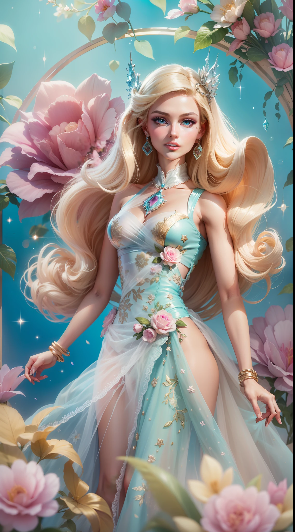 "A vibrant and glamorous Barbie doll and Ken portrait with impeccable details, capturing her elegance and charm in a high-resolution CG artwork. Radiant and flawless, the doll features a stylish outfit, stunning blue eyes, and perfectly styled (blonde hair:1.2). The soft lighting accentuates her beauty, while a hint of sparkle adds a touch of magic. Set against a dreamy background filled with pastel colors and delicate flowers, the composition creates a whimsical and enchanting atmosphere.+"