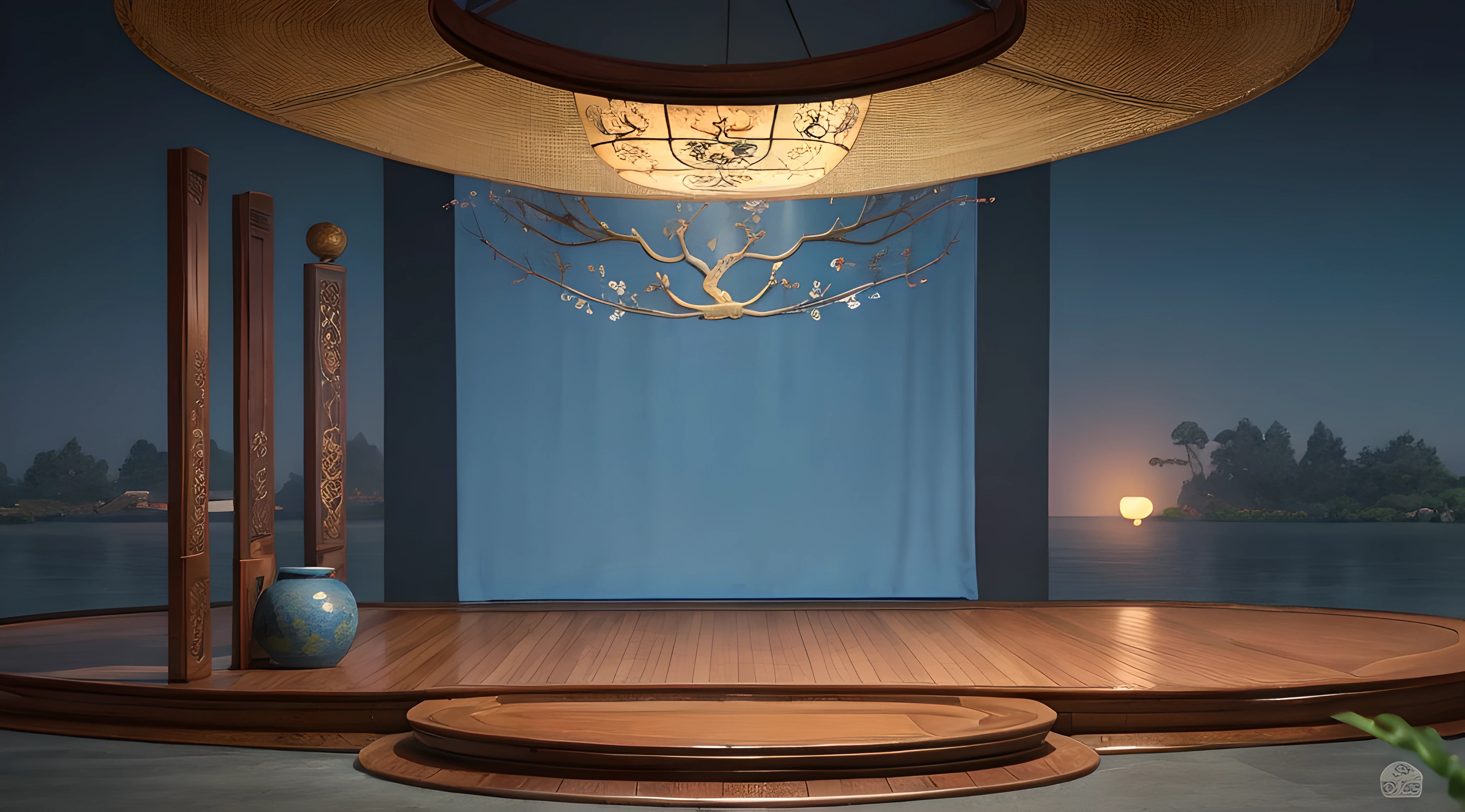 real rendering，Reallightandshadow，(Antique interior design)、Chinese home furnishings、Circular entrance、Depth、symmetrical design、((Antique carved door beams、carved beam paintings、tables and chairs、Bonsai、vases、chinaware、the trees、florals、Chinese lamps、Embroidery、screen、Beds、cushion、Blue sand curtain))、Exquisite home、rich details​、Ancient Chinese Ming dynasty style、Quiet and elegant atmosphere、The blue tone is the base tone、Delicate and soft painting style、Cinematic lighting effects、high-definition picture quality、softlighting、Tyndall effect、dream magical、rich details​、Refer to Gu Kaizhi、32K、high high quality、A high resolution、VerydetailedCG，Realistic background, Fundo sala de estar,, hyper detailed scene,, realistic detailed background, highly detailed scenario, arte de fundo, detailed scene, round background
