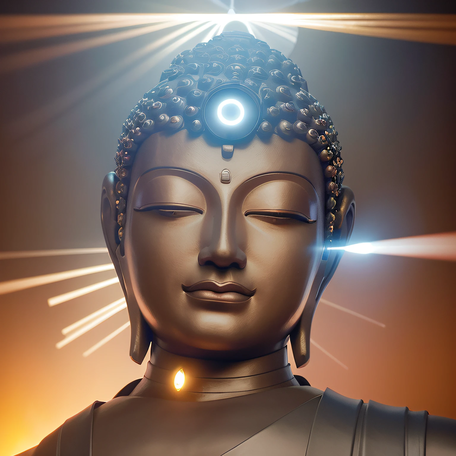 Buddha statue, (metal: 1.5), lisa, parte superior do corpo, (light disk behind head:2), brilhante, ray tracing, (cyberpunk:1.6), (fotorrealista: 1.4), olhando para o espectador, luz de Buda, (melhor qualidade: 1.0), (ultra highres:1.0), 8k, foto RAW, (obra-prima: 0.2), ultra-detalhado, 1masculino, retrato, pele detalhada, (olhos meio fechados:1.2), sentado