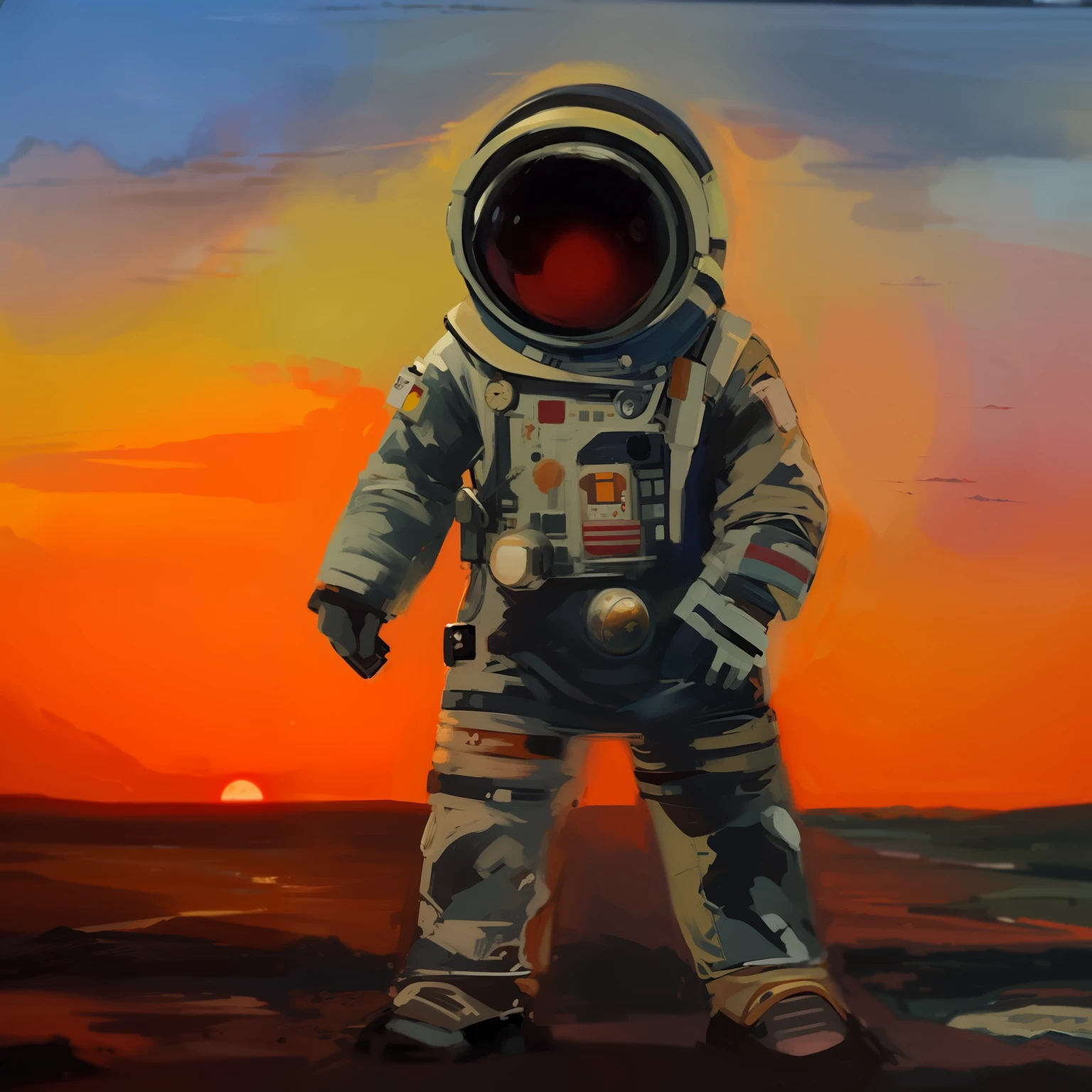 Painting of an astronaut standing on a planet with a red sun in the background, lone astronaut, standing on a martian landscape, astronauta, Caminhada de astronautaas, inspirado em Alan Bean, marciano, pequeno astronautaa olhando para cima, science fiction painting, Astronauta encalhado no planeta, inspirado em Scott Listfield, astronautaa assustador, Retrato de um astronautaa, em traje espacial, cosmonauta