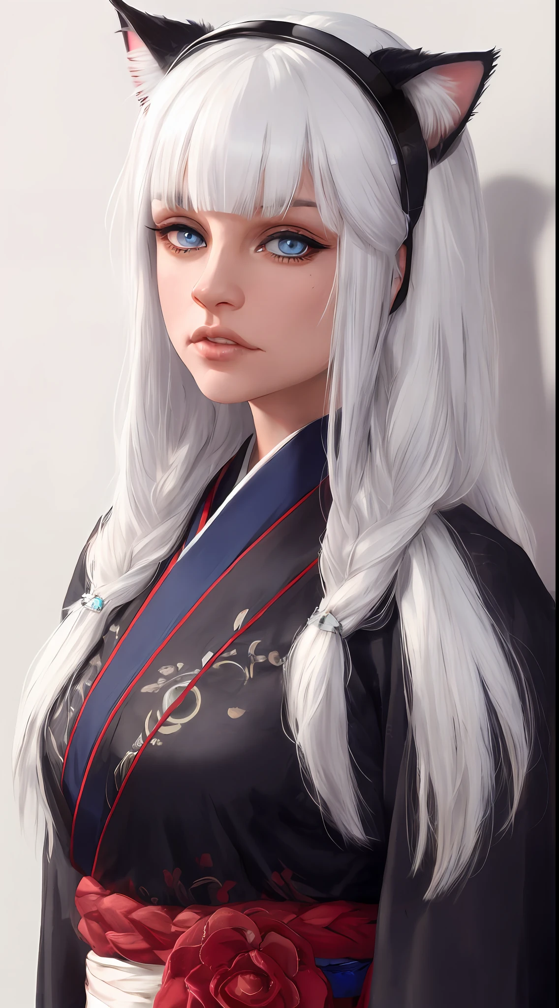 Light white hair, blunt bangs, asymmetrical hair, hair behind ear, long hair, wavy hair, blue eyes, cat pupils, eyebrows behind hair, cat ears, serious, facial hair, close-up, UHD, anatomically correct, textured skin, high details, 1080P, traditional japanese clothes