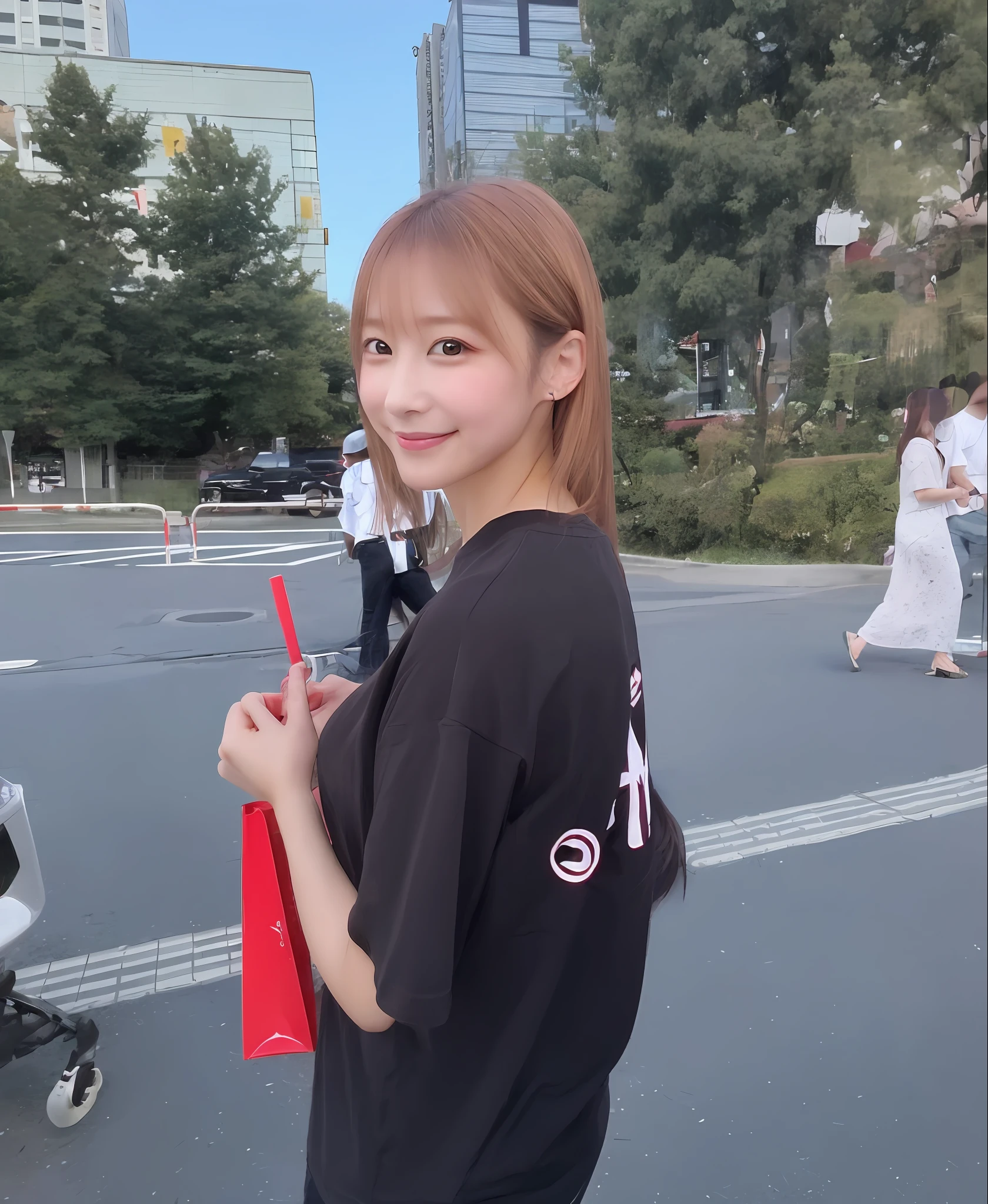 Beautiful Japan person (1) Long hair length (2) Hair color brown hair (3) Smile or not smile (4) Other images that I want to reflect Sexy type is NG、 Woman wearing t-shirt、Location outside