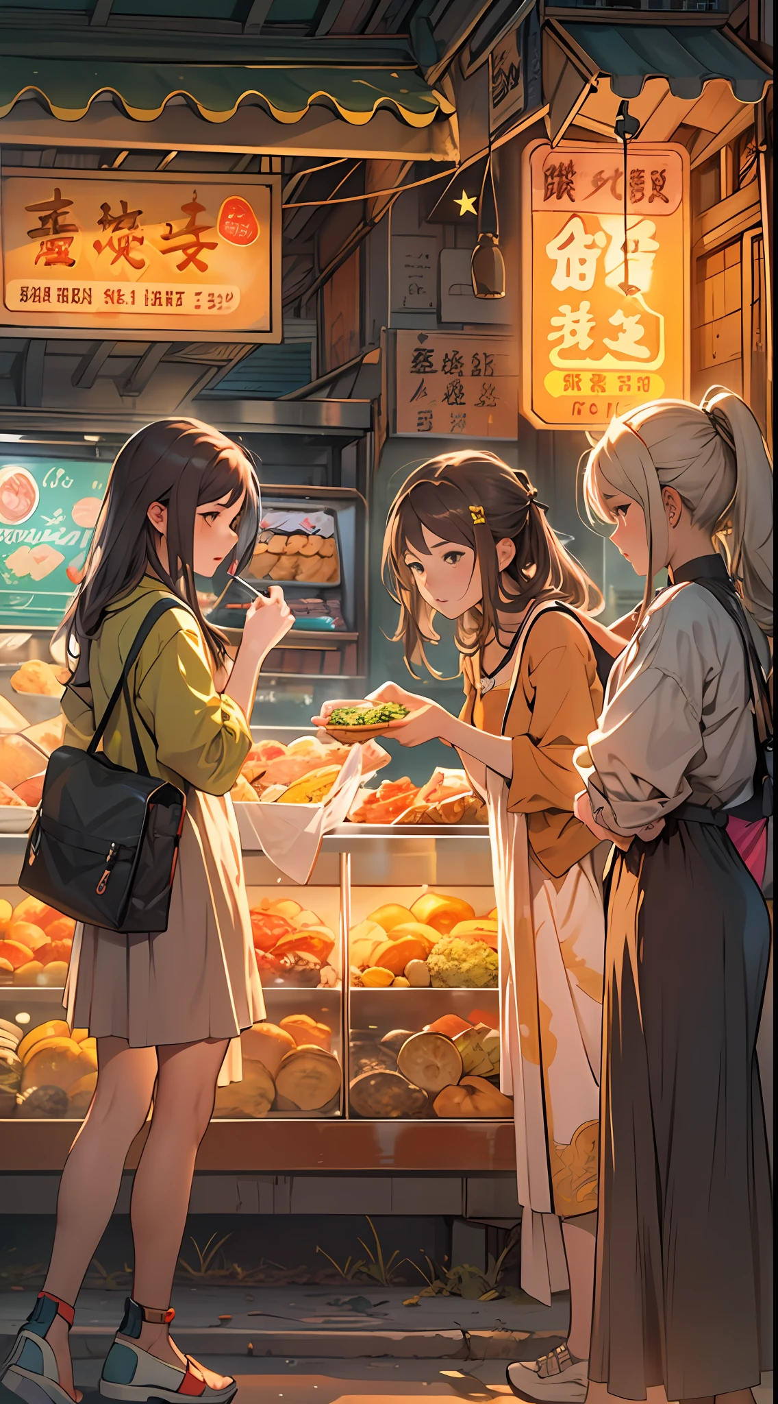 Three girls are standing at a snack stand in a food street, in the style of nightcore, realistic urban scenes, the stars art group xing xing, light yellow and dark amber, soft, romantic scenes, gongbi,32k, best quality, masterpiece, super detail, high details