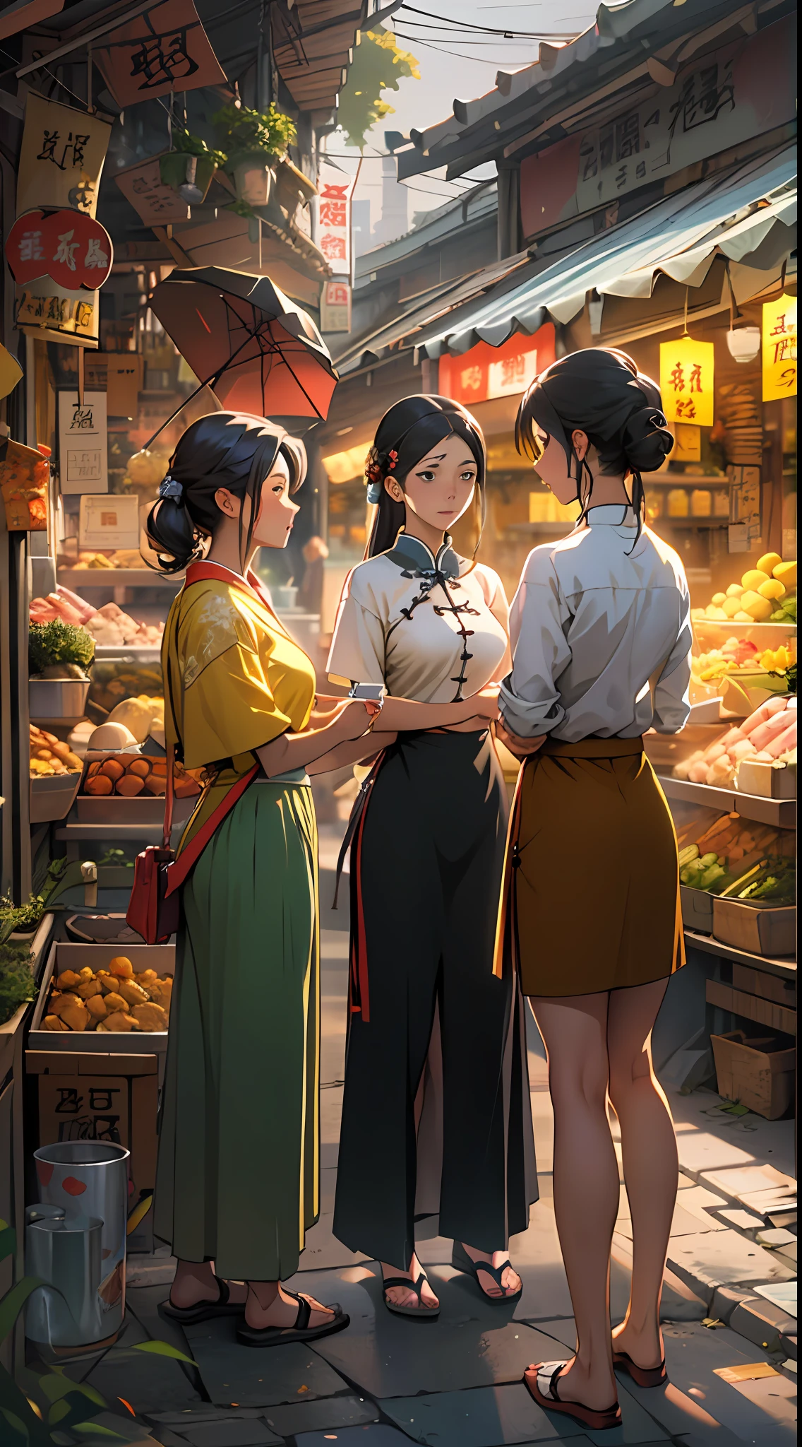 an anime picture of three women in the market, in the style of photorealistic urban scenes, gongbi, golden light, cranberrycore, romantic academia, light black and yellow, traditional chinese , 32k, best quality, masterpiece, super detail, high details