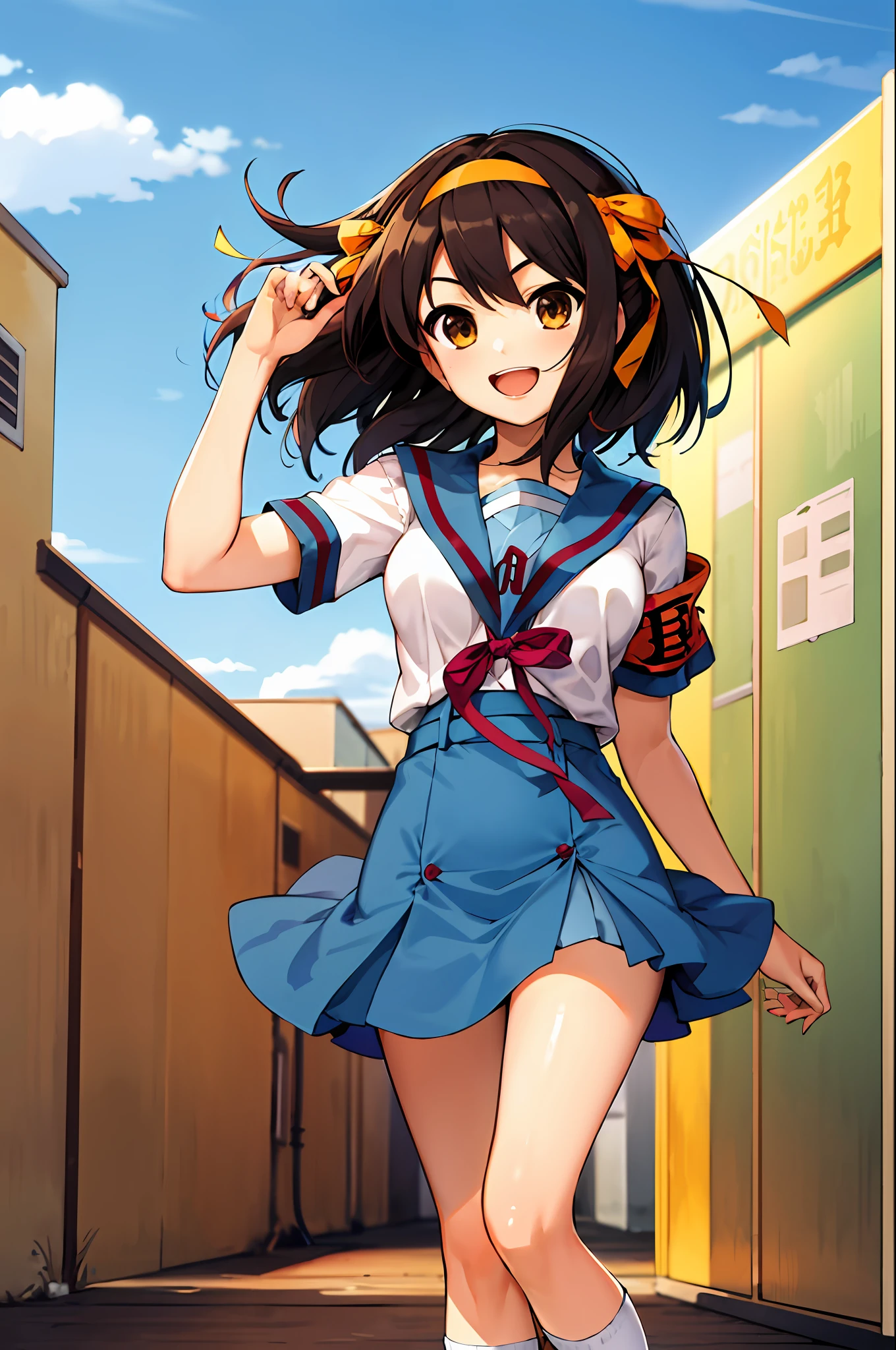 masterpiece, best quality, highres, 1girl, suzumiya haruhi, solo, kita high school uniform, blue sailor collar,  sailor collar, blue skirt, brown hair, short hair, brown eyes, armband, hairband, medium hair, ribbon, socks, medium breasts, cowboy shot,