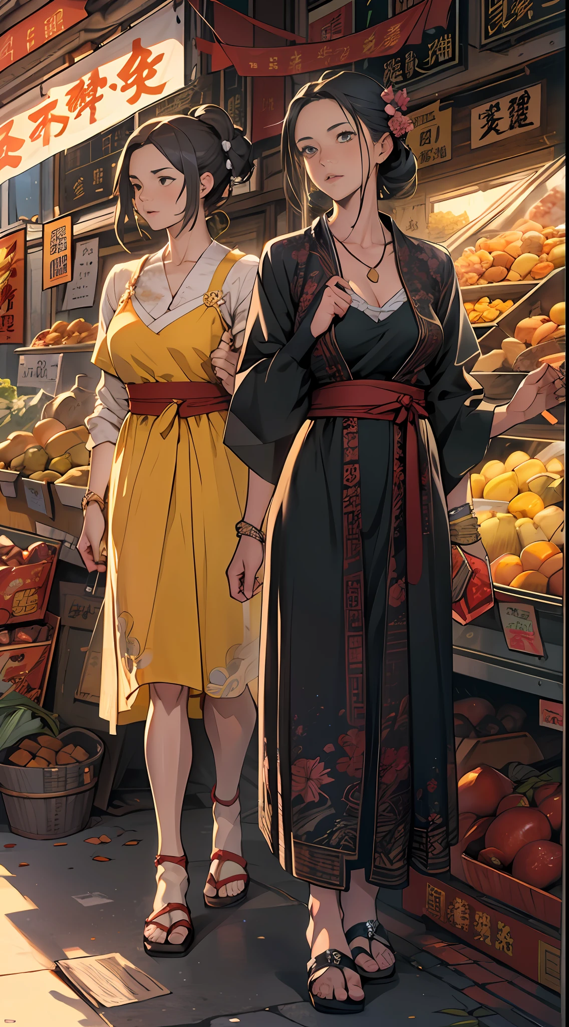 an anime picture of three women in the market, in the style of photorealistic urban scenes, gongbi, golden light, cranberrycore, romantic academia, light black and yellow, traditional chinese , 32k, best quality, masterpiece, super detail, high details