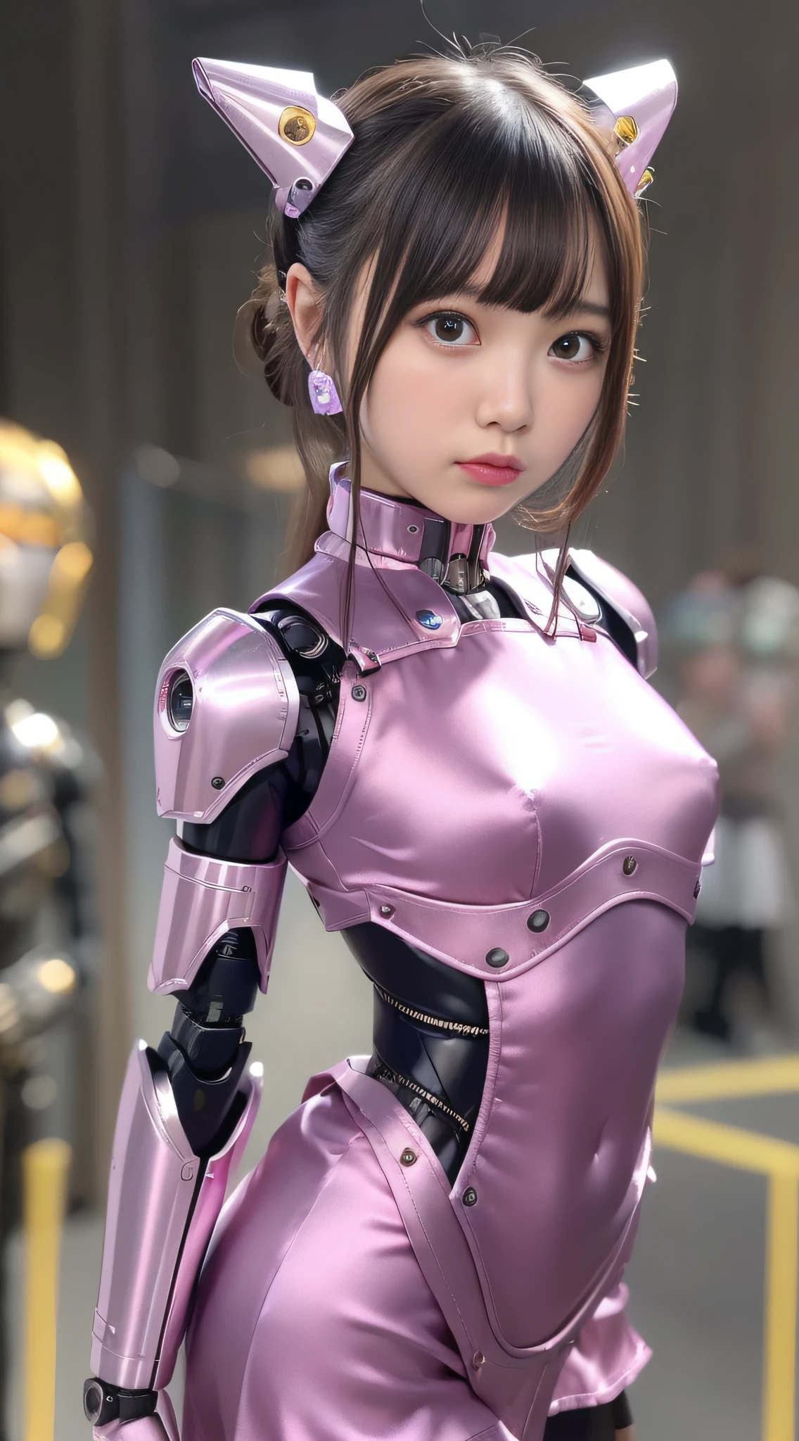 (Photorealsitic:1.4)、Onegirl、(top-quality),(hyperdetailed face)、(Super well-formed face)、((Robot Parts))、(Cyborg girl)、(gold)、(metalic)、(fullllbody)、(Moe Pose)、(Slender body)、(tits out)、(Model body type)、(mecha exposure)、(akihabara)、(is looking at the camera)、(A dark-haired)、(９Head and body)、(a small face)、(Idol)、(front facing)、(is standing)、(Photo session)、(Looks sad)、(Cyborg girl in pink satin dress)、(sleeve less)、(a miniskirt)、(corrupted)、(Mender)