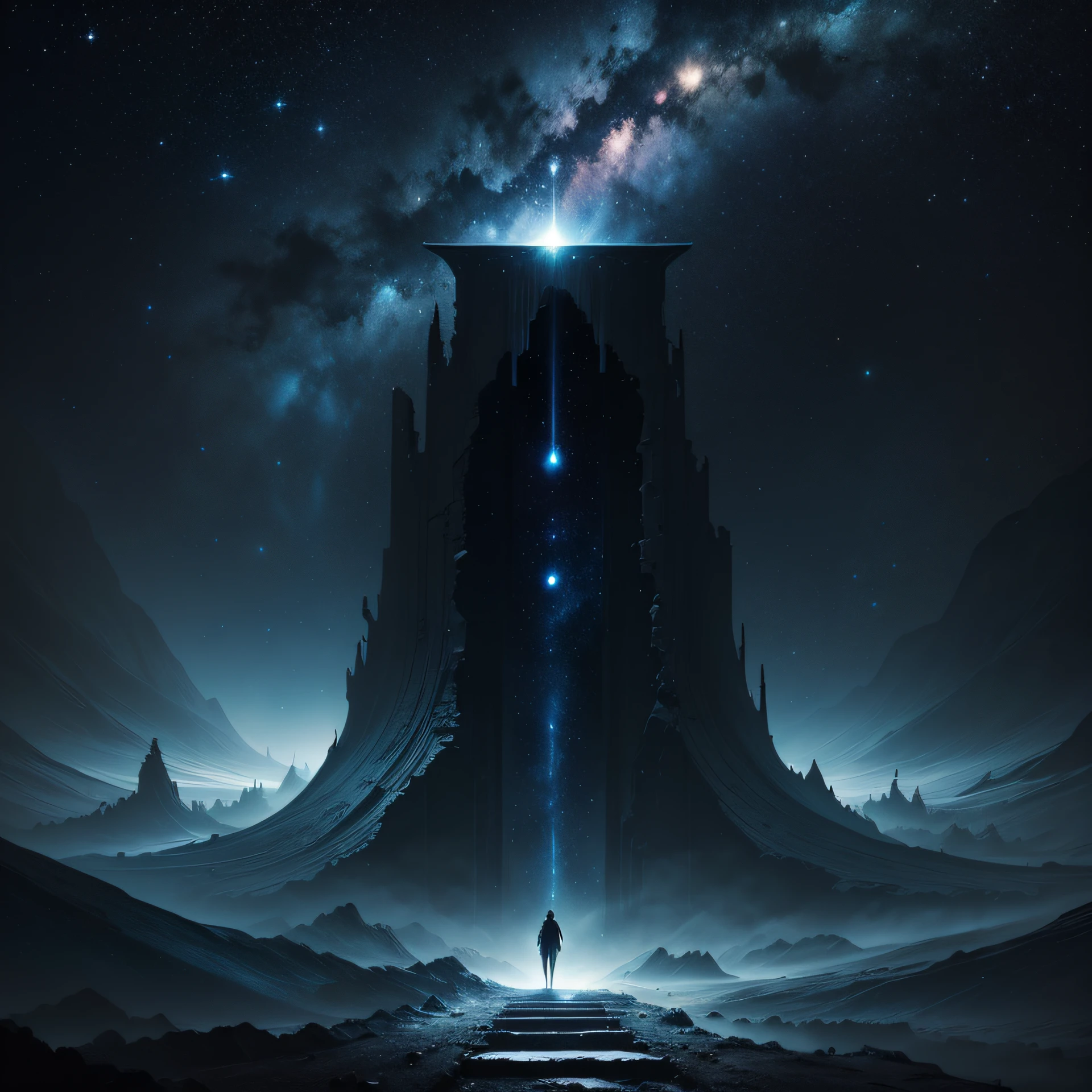 Mysterious and deep starry sky，Unknown，movie atmosphere，Negative dark mode，fanciful，spectacle，Dangerous black holes、Ominous、movie atmosphere、Negative dark mode，Abyss，A staircase to the sky、sci fi epic digital art --auto