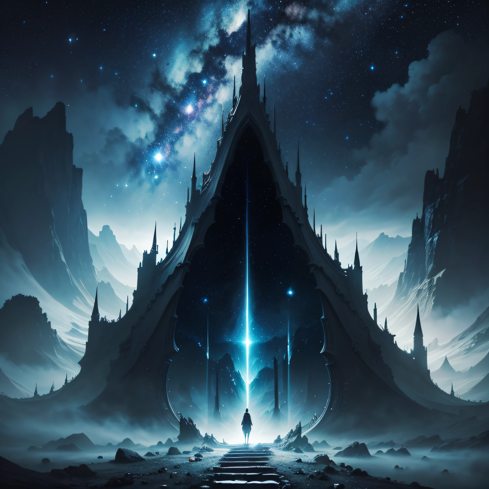 Mysterious and deep starry sky,Unknown,movie atmosphere,Negative dark mode,fanciful,spectacle,Dangerous black holes、Ominous、movie atmosphere、Negative dark mode,Abyss,A staircase to the sky、sci fi epic digital art --auto