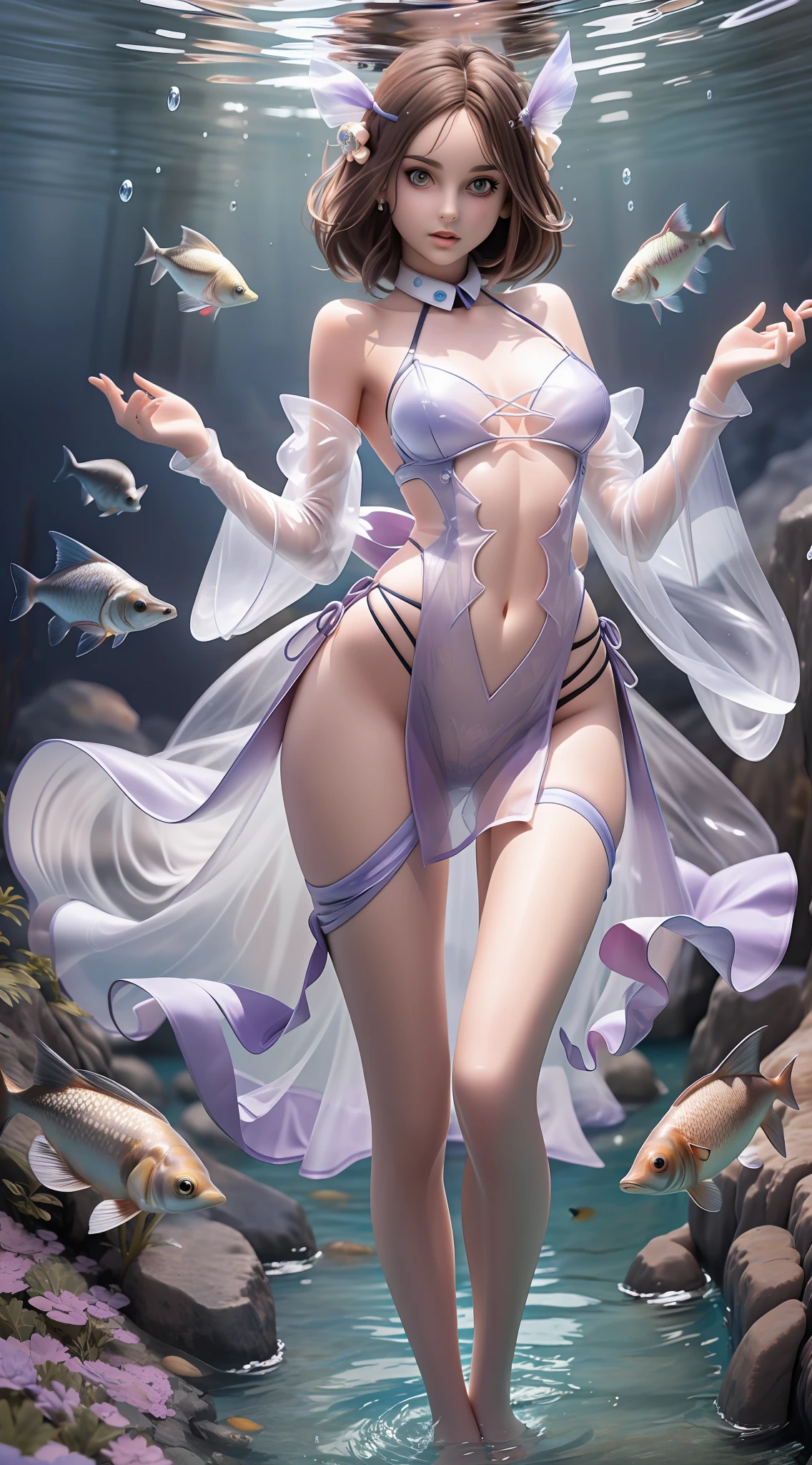 Best picture quality,tmasterpiece,A woman who is,see-through transparent clothes,Perfectly proportioned body,Exquisite facial features,Hyper-realistic,Diving in the water,Small fish around,full body, tchibi,