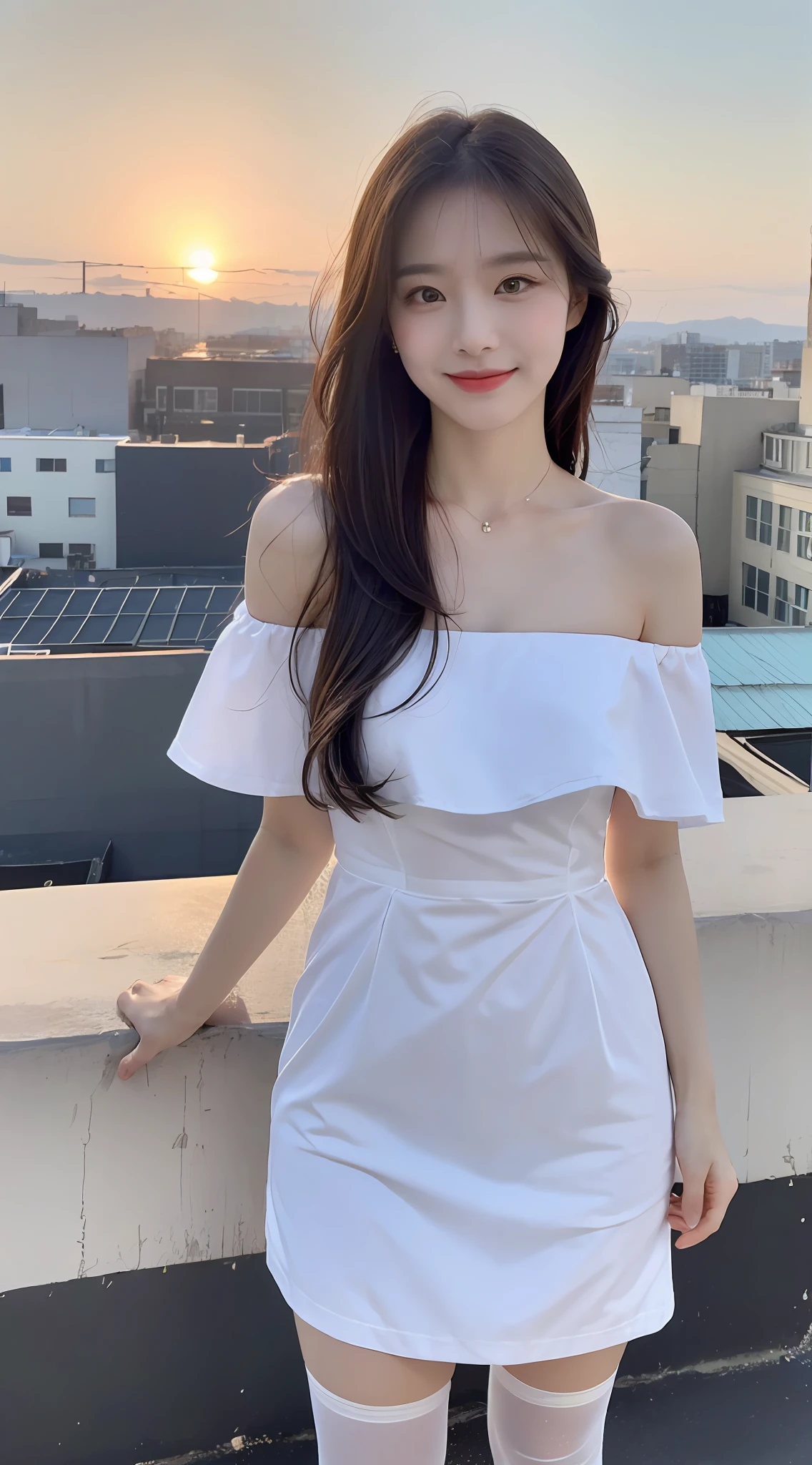(1 Korean star with royal sister style), ((Best quality, 8K, Masterpiece: 1.3)), focal point: 1.2, Perfect body proportions: 1.4, (Make a smile), (Sunset: 1.3),  Watery eyes, Highly Detailed Face and Skin Textur, Fine eyes, Double eyelids, Whitens the skin, (long whitr hair, Air bangs: 1.3), (Round face inches: 1.5), (off the shoulder dress: 1.4), (Standing on the roof: 1.6),(white stockings: 1.4),(film grain style:1.3)，a sense of atmosphere