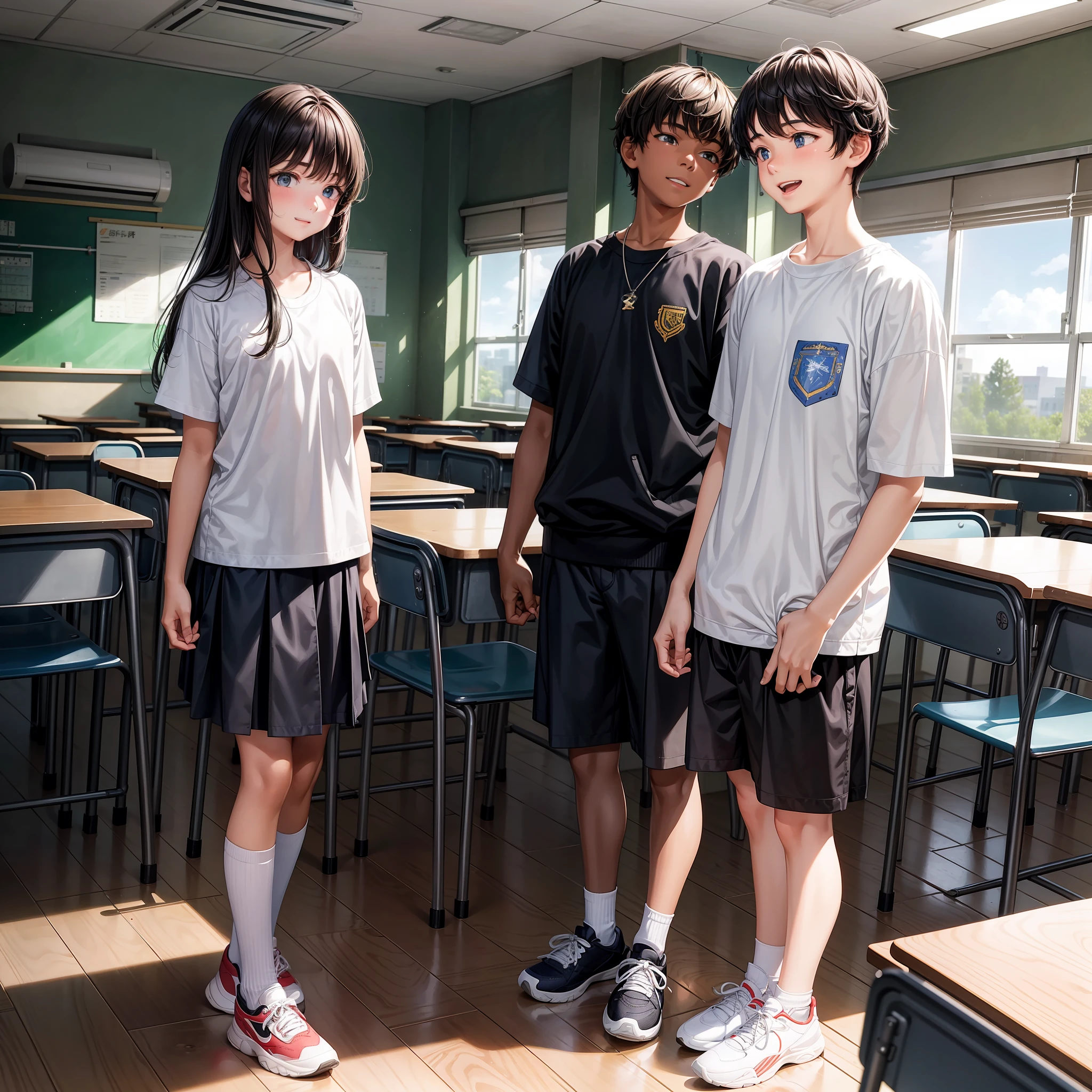 A -yeld juschool boy stand classroom，Round face and round chin，Slightly hunched，White top，Messy bangs，Laugh awkwardly，athletic sneakers。and the sun was shining brightly，‎Classroom，quadratic element