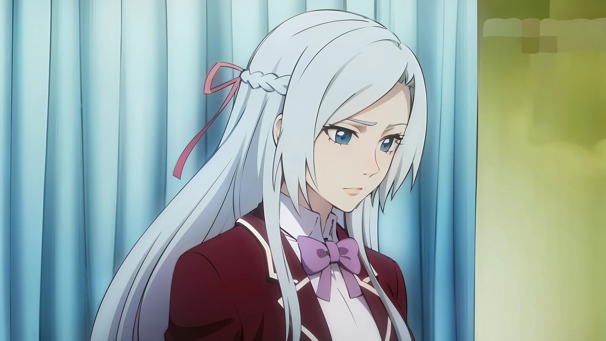 Mu Ningxue's skin was just like her name,Silver-white hair with blue hair all the way to a burgundy Gothic suit on the thighs,Layered over a white shirt,The collar is tied with a purple bow,Burgundy pleated skirt in the same color as the top,They are all dotted with small ruffles。There is a burgundy rimmed leg ring on the thigh of the left leg。There is this ear of wheat braided hair,quadratic element
