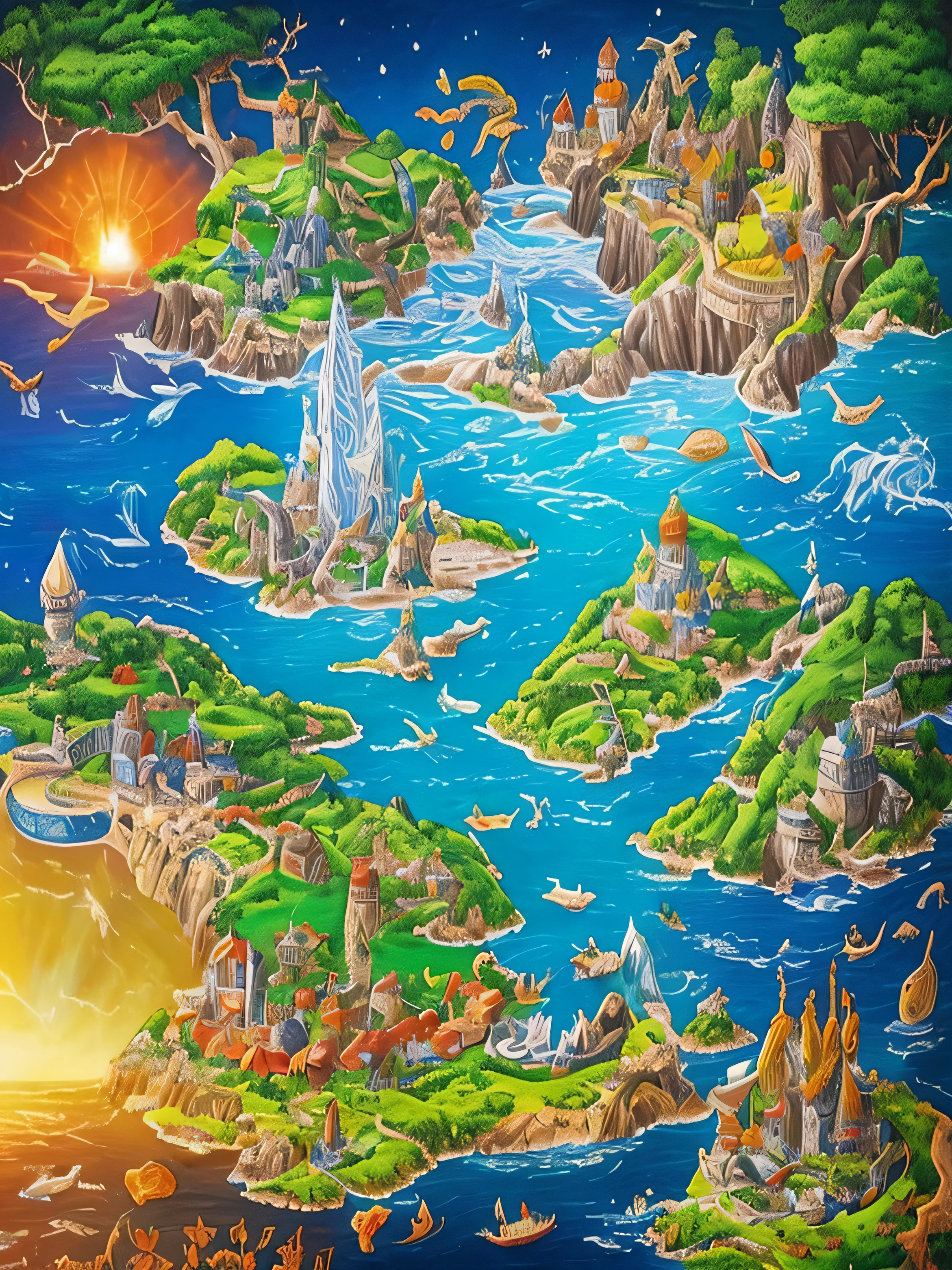 Create a stunning world map image of Norse mythology. Use the illustration tools to represent the nine kingdoms, como Asgard, Middle-earth, Vanaheim, Jotunheim, Alfheim, Svartalfheim, Niflheim, Muspelheim e Helheim. Highlight for the cosmic tree Yggdrasil and the bridges Bifrost and Gjallarbrú. Use vibrant colors and intricate details to portray the mythological elements, como os gigantes de gelo, desusos, Duendes, Dwarves and other mystical creatures. Don't forget to add Nordic symbols and sea elements to emphasize the connection to the ocean. Unleash your creativity and create a work of art that captures the essence and magic of this fascinating mythological world.