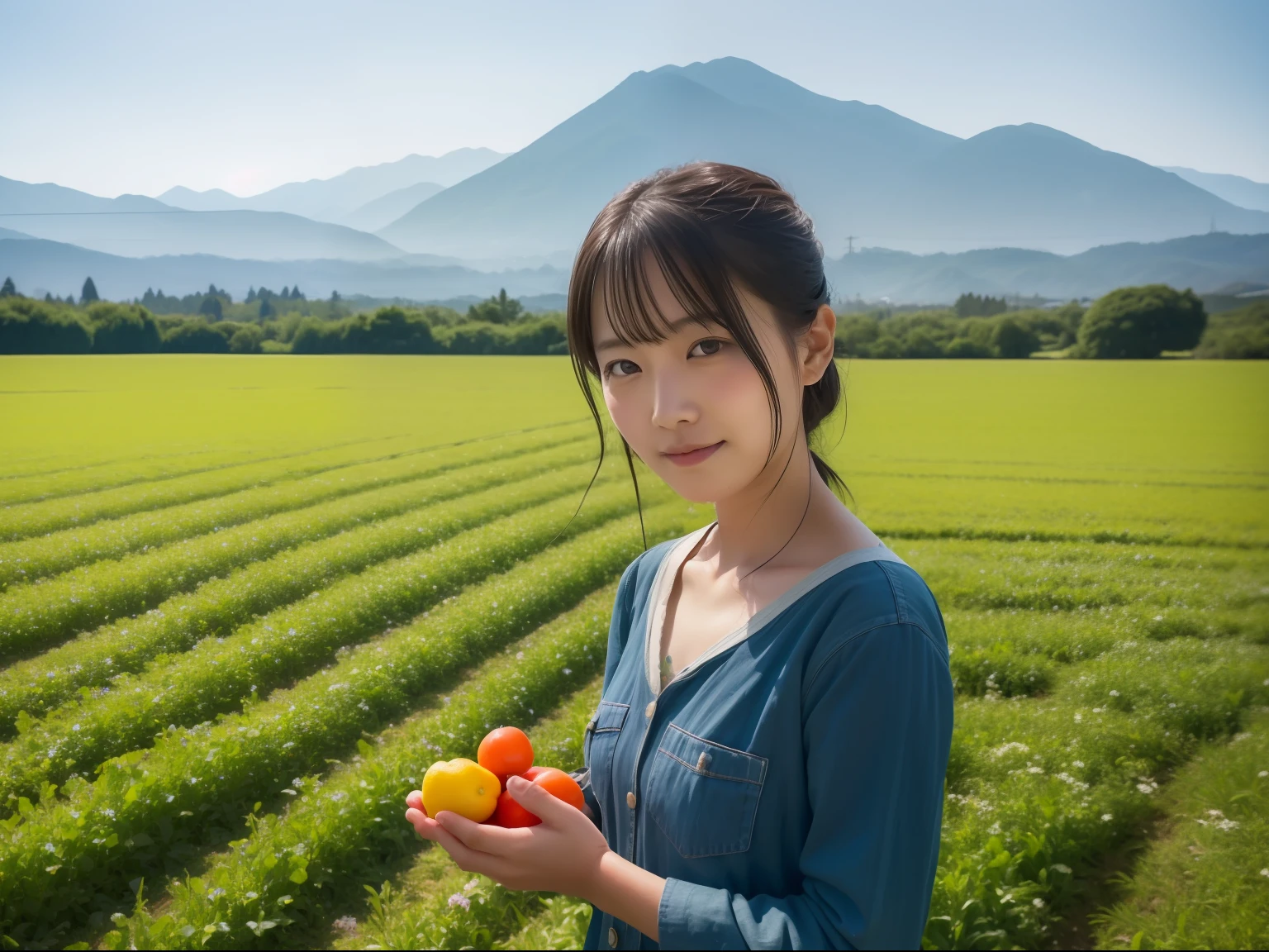 Farmer girl in Japan, Have freshly picked summer vegetables, The background is a field of Japan　I can see the mountains, black hair, Canon, UHD, highres, 4K