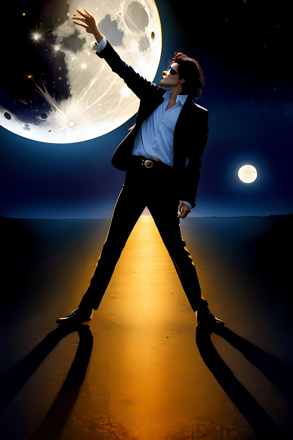 Michael Jackson dancing on top Beetle yellow metallic dark sky dark moon full moon masterpiece well detailed 8k intricate Fujifilm tx3 depth field hyper realistic photo award-winning dark lighting light cinematic style highly realistic and detailed well focused great composition