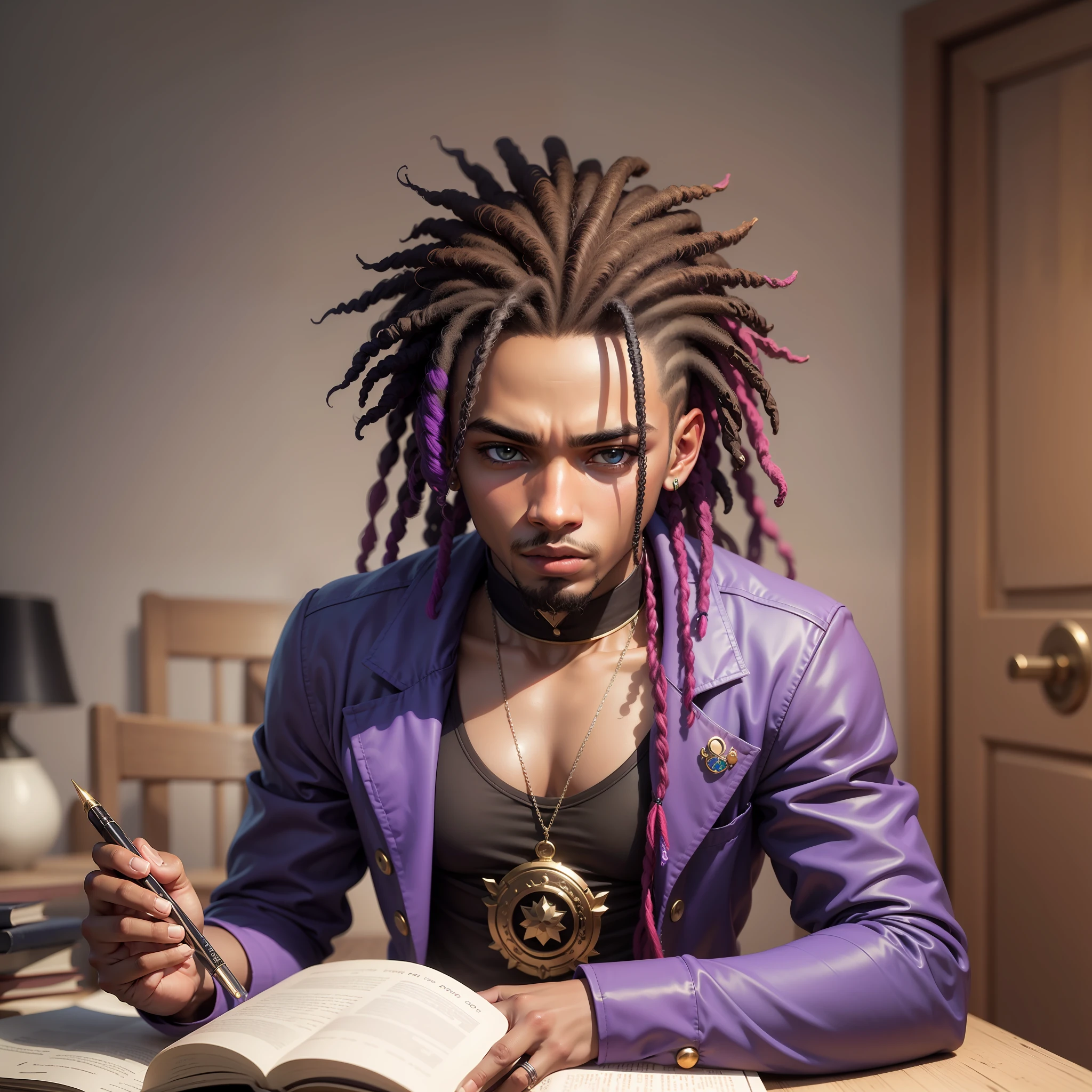 Jovem negro, de cabelo dreadlocks duro, traje punk roxo e azul, Com um livro roxo, imagem realista, Imagem 8k, imagem HD, alta resolução, Obra prima