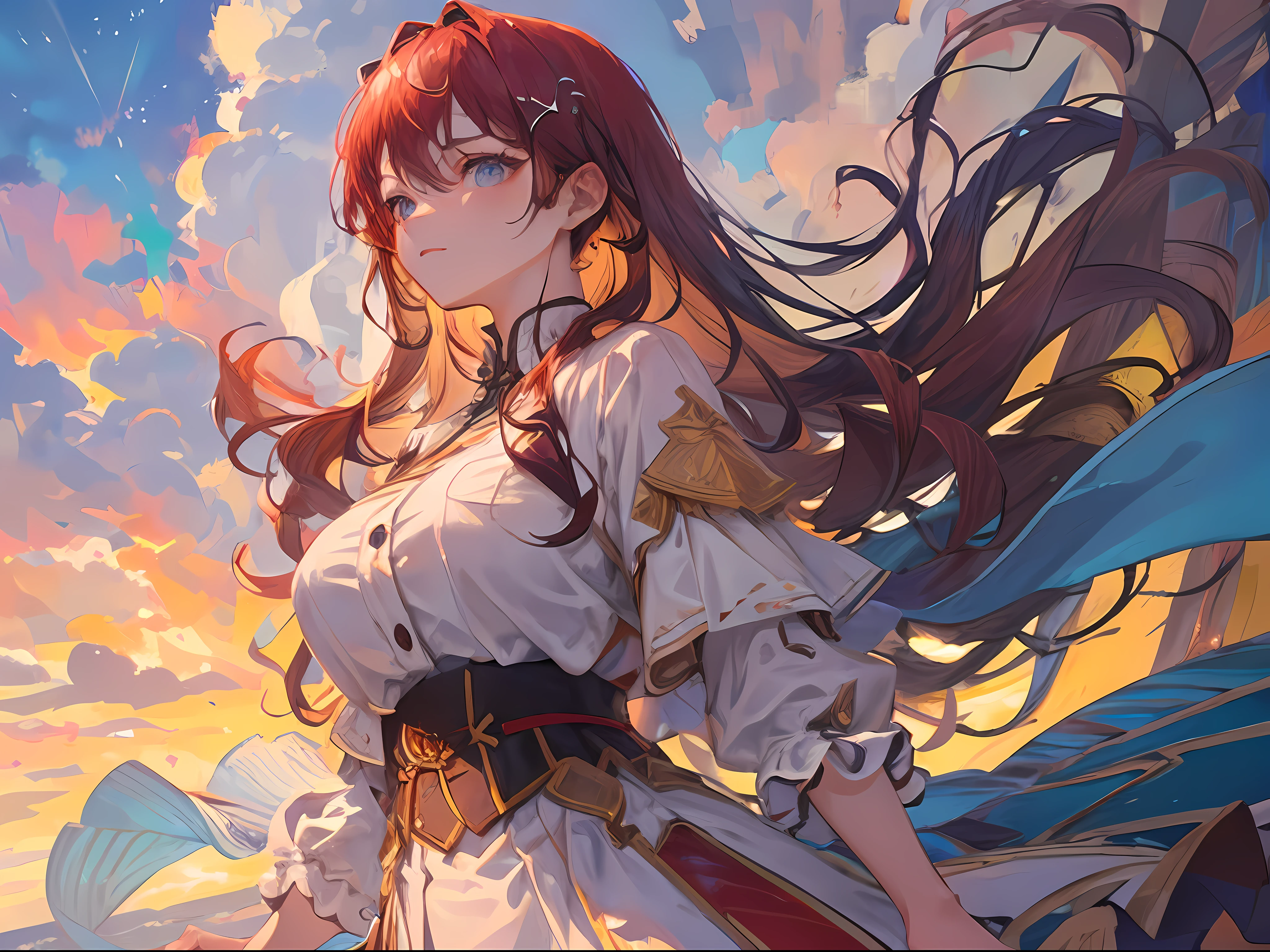 "Wallpapers,high qulity,Super detailed CG synthetic 8K wallpaper,Beautiful illustrations,Suspension,A high resolution,Dynamic Angle,Dynamic pose,1个Giant Breast Girl,eBlue eyes,Colorful hair(Silvery hair:1.3,red tinted hair:1.2,Purple colored hair,Yellow hair:1.3,Green hair:1.3),Hands blocked by clothes,White martial arts costume,tiese,pretty face,Water droplets dense,Clouds,eventide,in a panoramic view,Watercolor effect。"