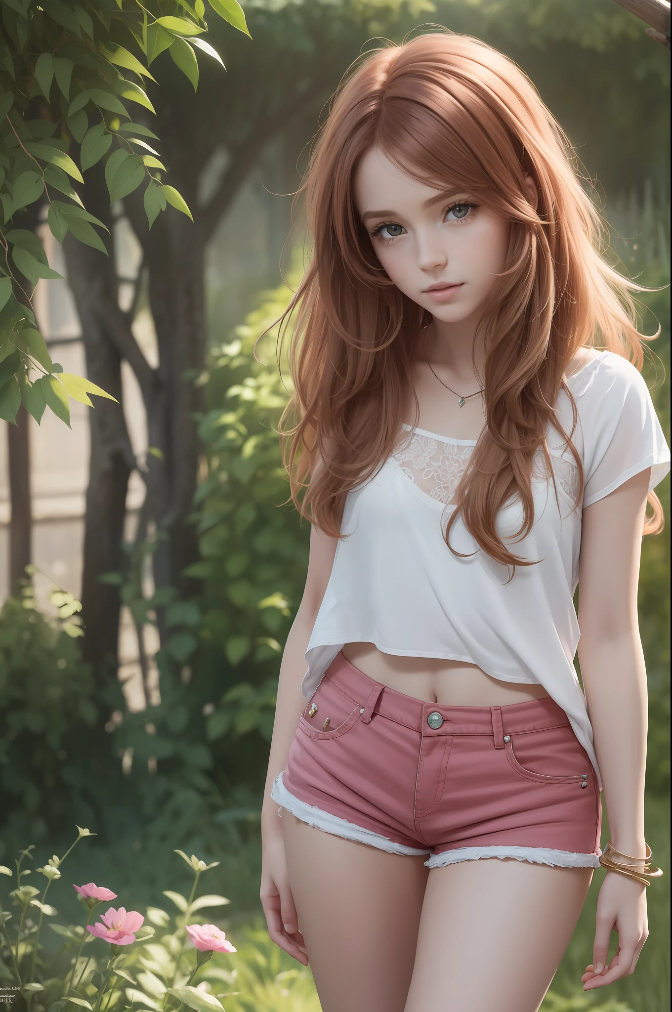 (best qualtiy,tmasterpiece,art stations,Fantasyart:1.2),A beautiful and lovely French girl,ite,(Long, messy ginger hair:1.1),(Pink shorts,1.2),In the garden,realisticlying,Detailed face