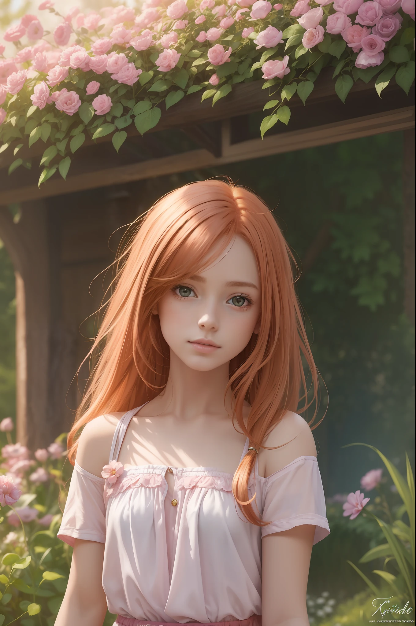 (best qualtiy,tmasterpiece,art stations,Fantasyart:1.2),A beautiful and lovely French girl,ite,(Long, messy ginger hair:1.1),(Pink shorts,1.2),In the garden,realisticlying,Detailed face