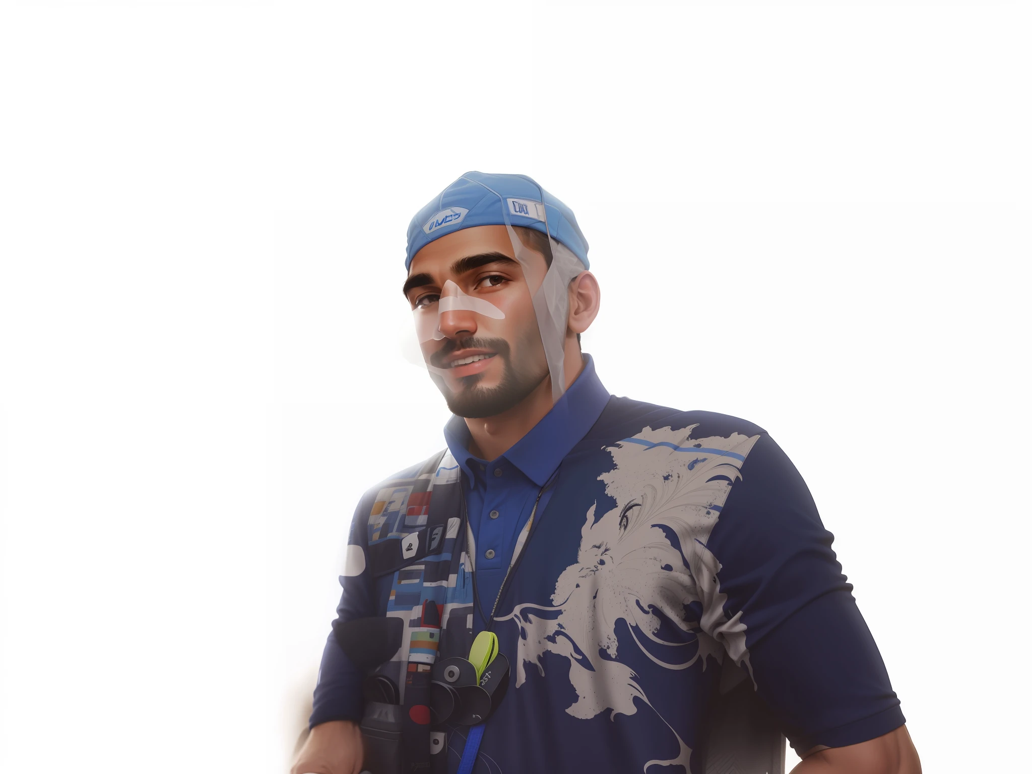 Smiling man with beard and blue shirt holding a tennis racket, icaro carvalho, david rios ferreira, edu souza, caio santos, Background Story : Diego Fazio, andrea rocha, Camilo GC, Edon Guraziu, gui guimaraes, adreas rocha, Carmelo Blandino, Directed by: Felipe Seade, Diego Fazio