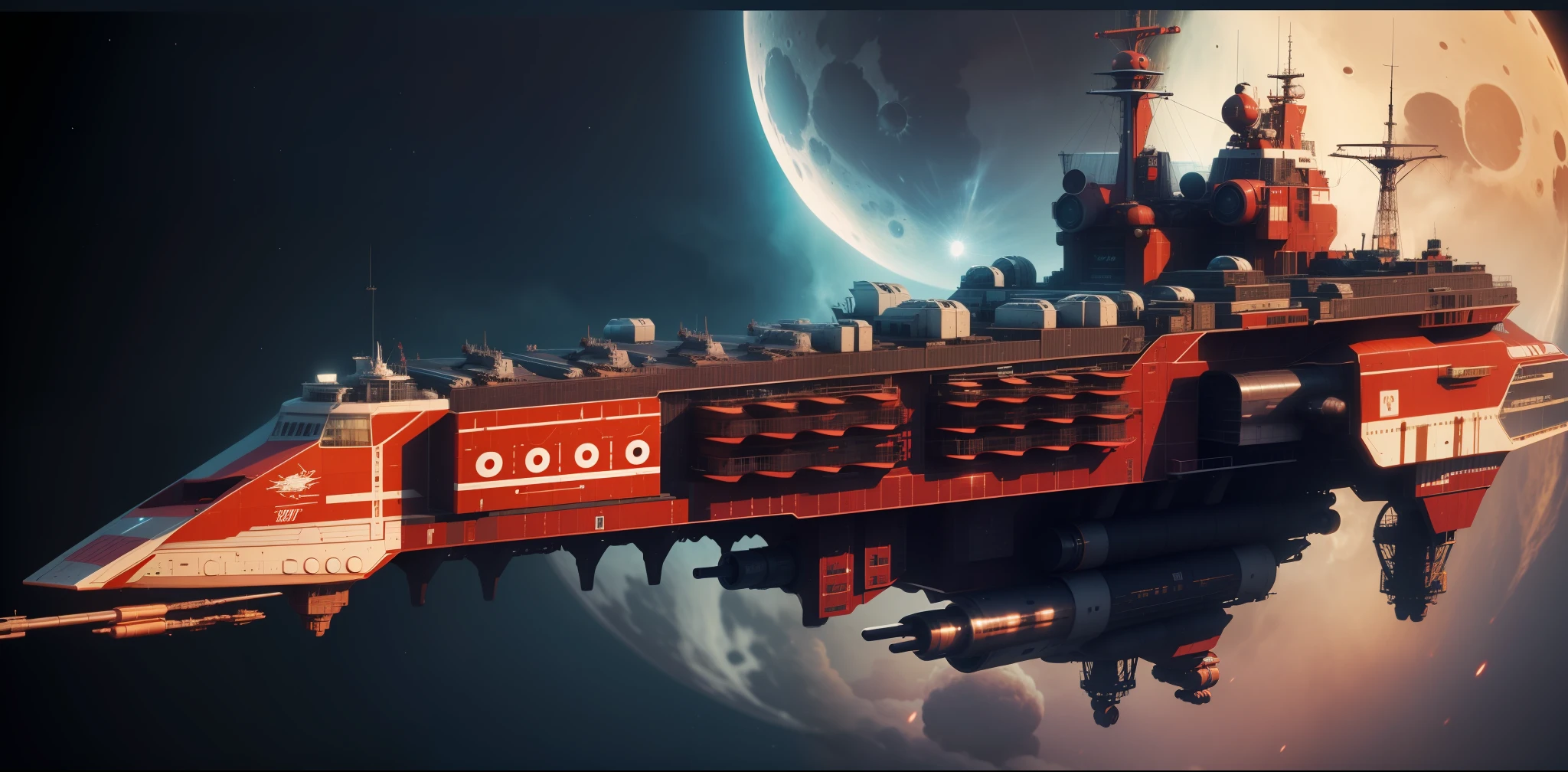It's a huge spaceship, It's bigger than the moon, the ship is rough its color is red, It has large cannons on the sides, Ultra realista, as real as possible
