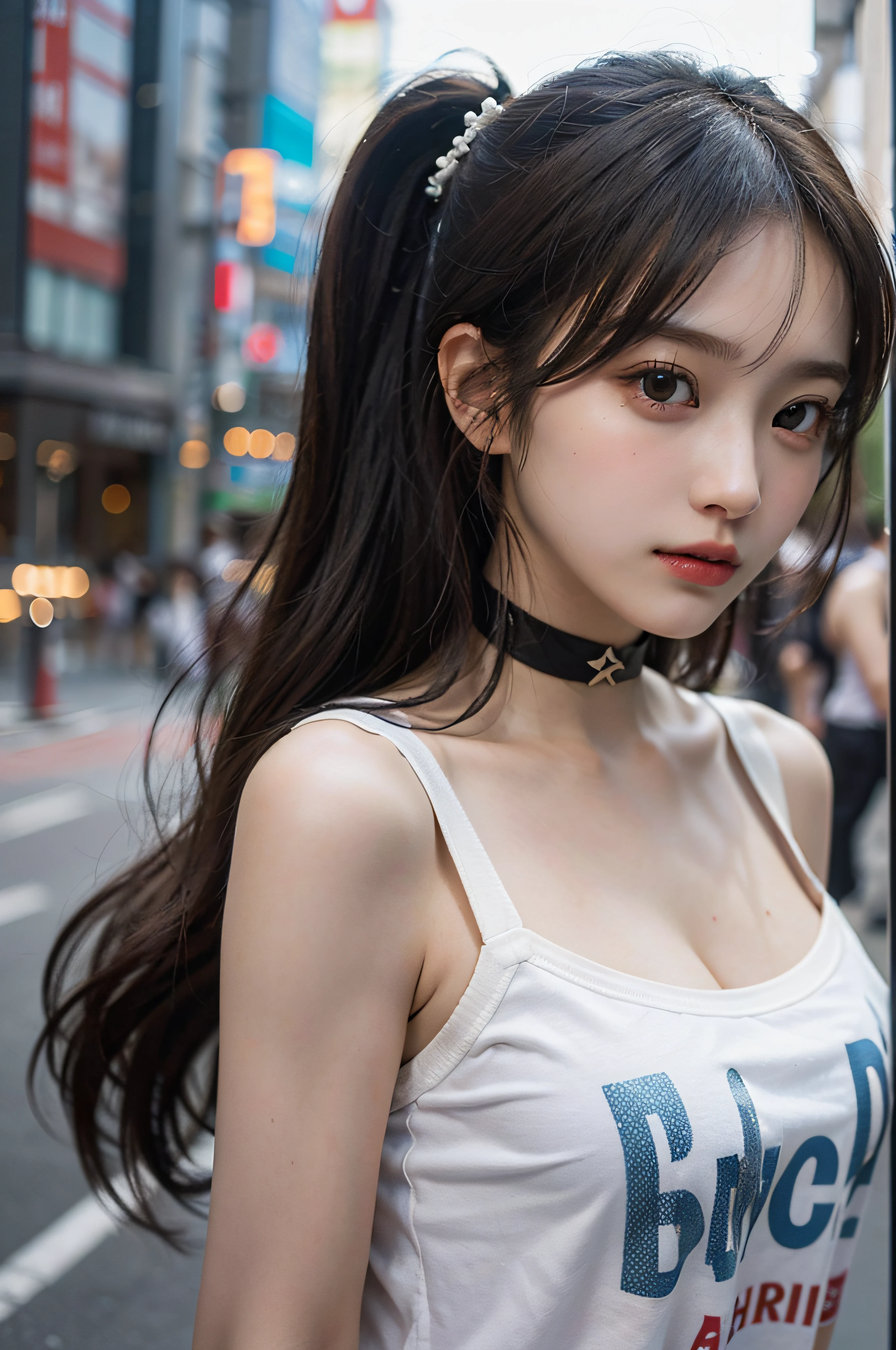 Best Quality Detail:1.2, realisitic, 8K UHD, hight resolution, 1girl in:1.2, The ultra-detailliert, High quality textures, intricate detailes, detaileds, Very detailed CG, High quality shadows, Detail Beautiful delicate face, Detail Beautiful delicate eyes, depth of fields, Ray traching, in her 20s, Pretty Kpop Girl, Korean Urzan Face:1.1, Slender face, ulzzang -6500-v1.1:0.6, pureerosface_v1, gloweyes, teak, Glossy lips, perfectbody, a choker、cleavage of the breast、 Brown hair、poneyTail:1.1, Street, Particle, look at viewr, Photorealsitic:1.4, ultra-detailliert, photos realistic, 4K 8K UHD Full Color RAW Photos, Fuji Film(Medium format:1.2), Hasselblad:1.2, Carl zeiss:1.1, Incredible dynamic range photography(UTIL_Art by Smoose-768:1.1), hight resolution, High pixel count, clear details, crisp image, Natural color reproduction, Noise Reduction, High fidelity, qulity, Software Improvements, Upscaling, Optimized algorithms, Pro-level retouching、((Shibuya, tokyo prefecture))、On the way to shopping、((Fashionable clothes with a very high design))、graphic t-shirt: Art and logos、Graphic T-shirts printed with anime characters have become a trend.、Used for unique styling