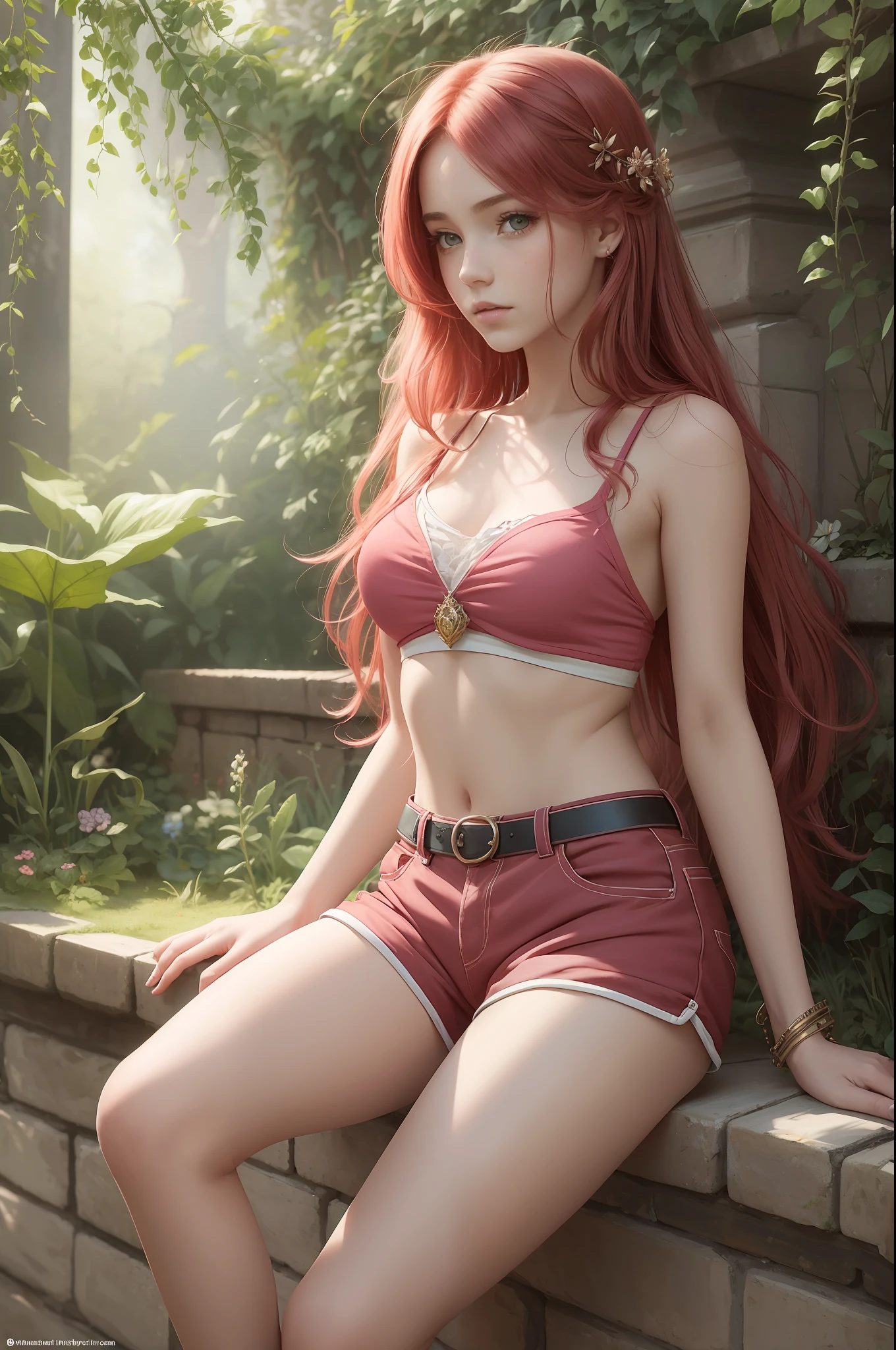 （best qualtiy，tmasterpiece，art  stations，Fantasyart：1.2），A beautiful and lovely French girl，ite，（Long messy red hair：1.1），（Pink shorts，1.2），In the garden，realisticlying，Detailed face