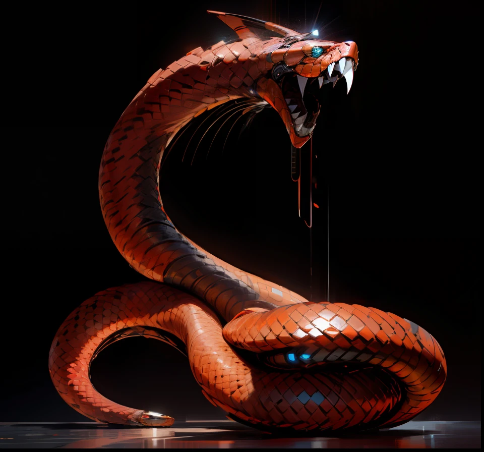 A mechanical snake hovers over the ground,raised head,with her mouth open,The body is full of scales,cyber punk perssonage