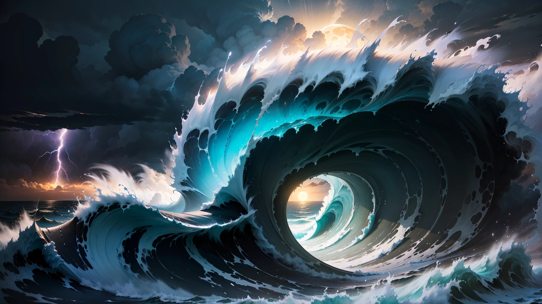 Epic wide landscape view of an enormous hurricane swirling powerfully over the ocean at night. The full moon illuminates the scene in an eerie light. Massive waves crash violently, giant walls of water surround the storm's eye. Dark menacing clouds spiral inward as intense winds howl furiously. Lightning boldly strikes through the ominous clouds in intricate fractal patterns. The monstrous hurricane dominates the composition as it churns the sea relentlessly into a frenzy. Painted in luminous, moody oil colors with thick visible brushstrokes