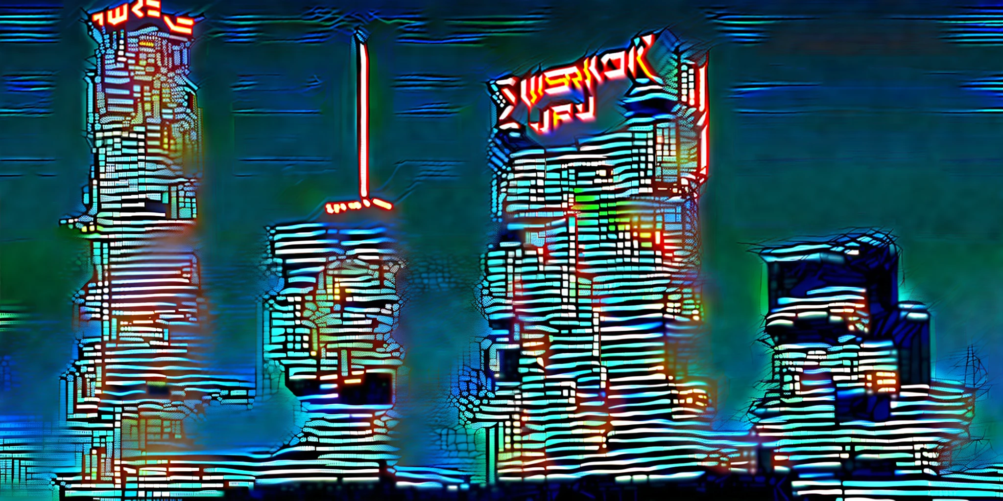 An image of a tall super building of a cyberpunk super corporation at night with the name on the building "T.U.T.S. Corp" cyberpunk