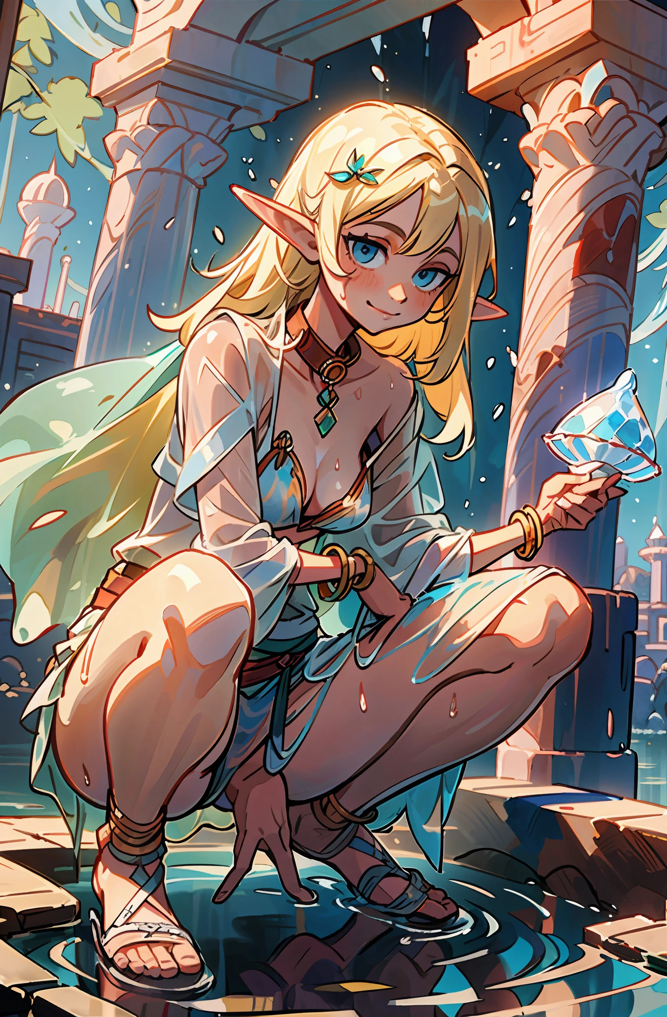 ((One person, close-up of a person, looking up at the person diagonally below)), ((((squatting with legs spread wide))), holding the handle of a long, large magic wand in one hand, looking at the camera, (smiling), (((())), elf, blonde, long hair, blue eyes, hair ornament, slender body, (almost naked))), (( Ancient Greek-style robe of colorless transparent fabric with minimal cloth area)), ((colorless transparent fabric bra with minimal fabric area)), ((colorless transparent loin cloth with minimal cloth area)), (no panties)), ((Bust mostly exposed with full see-through))), (((Exposed hairless crotch meat mound fully visible through completely, clearly visible crotch cleft))), Hem fluttering in the wind, loin cloth fluttering in the wind, wet body, wet clothes, collar, bangle, anklet, sandal, waterside of ancient city, light on the surface of the water, (((Multiple elven women standing around)))