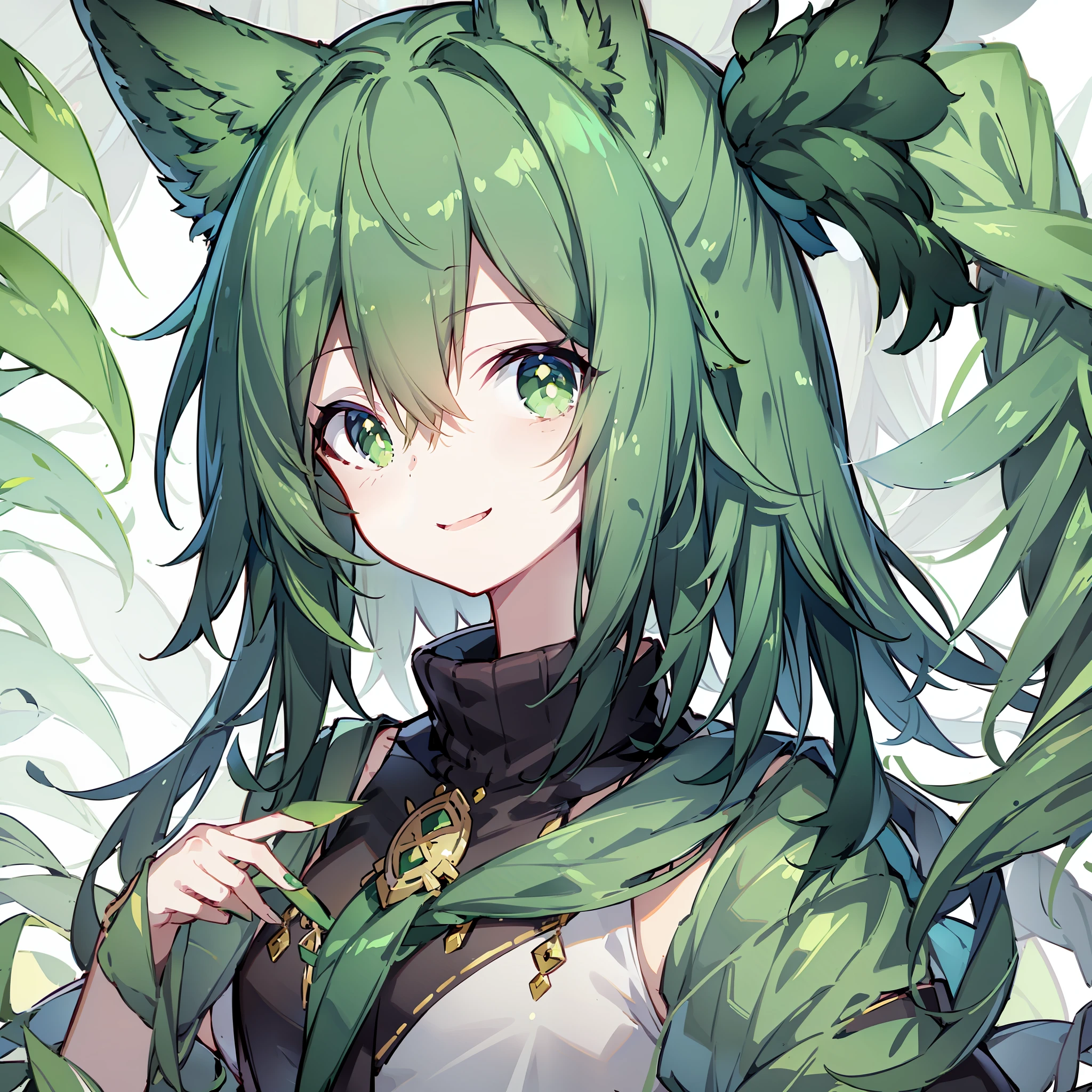 Green hair，ssmile，Fan in hand，Green fox ears