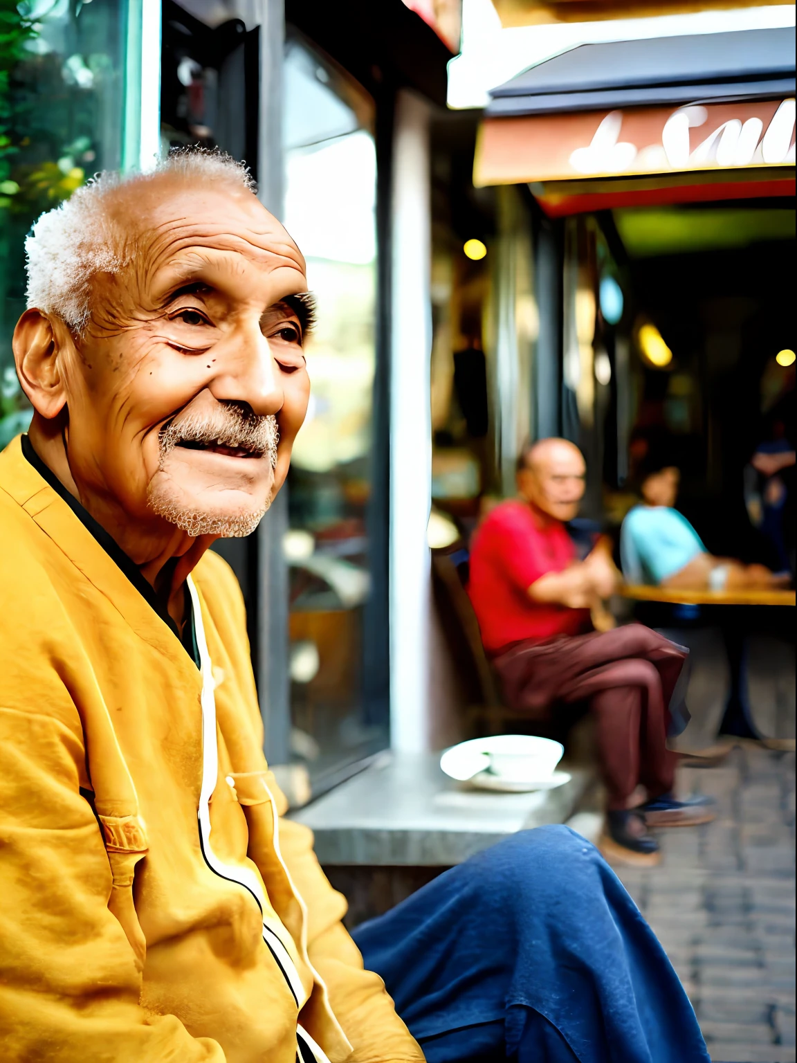 Foto RAW, A synpathic old fashionable man sitting in front of a café (pele altamente detalhada: 1.2), 8k uhd, dslr, soft-lighting, alta qualidade