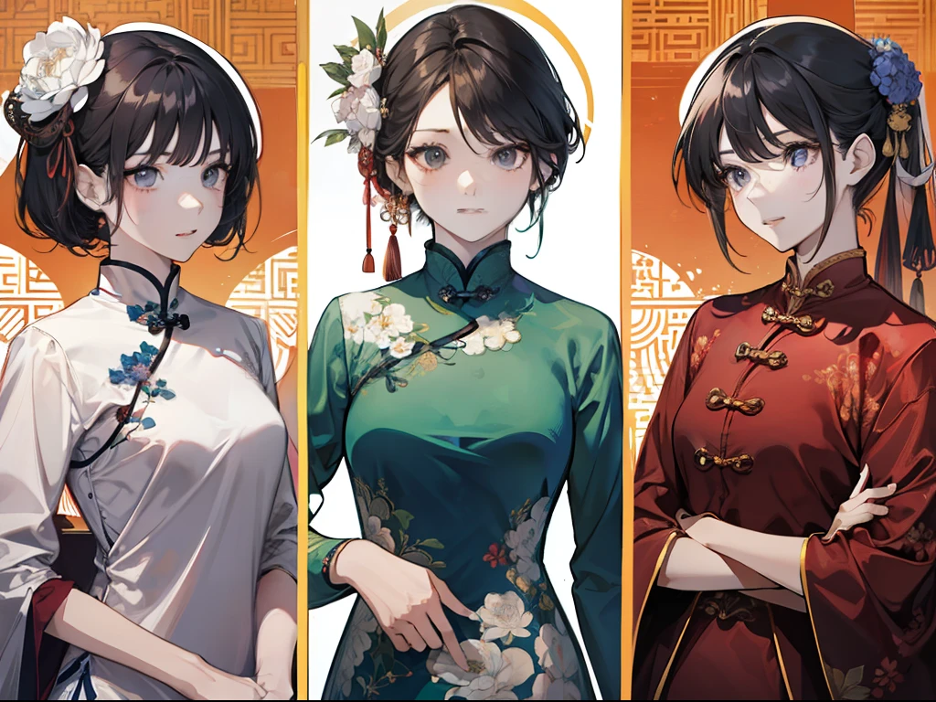 A group of women,Sexy and enchanting,Wearing a cheongsam,short detailed hair,looks into camera
