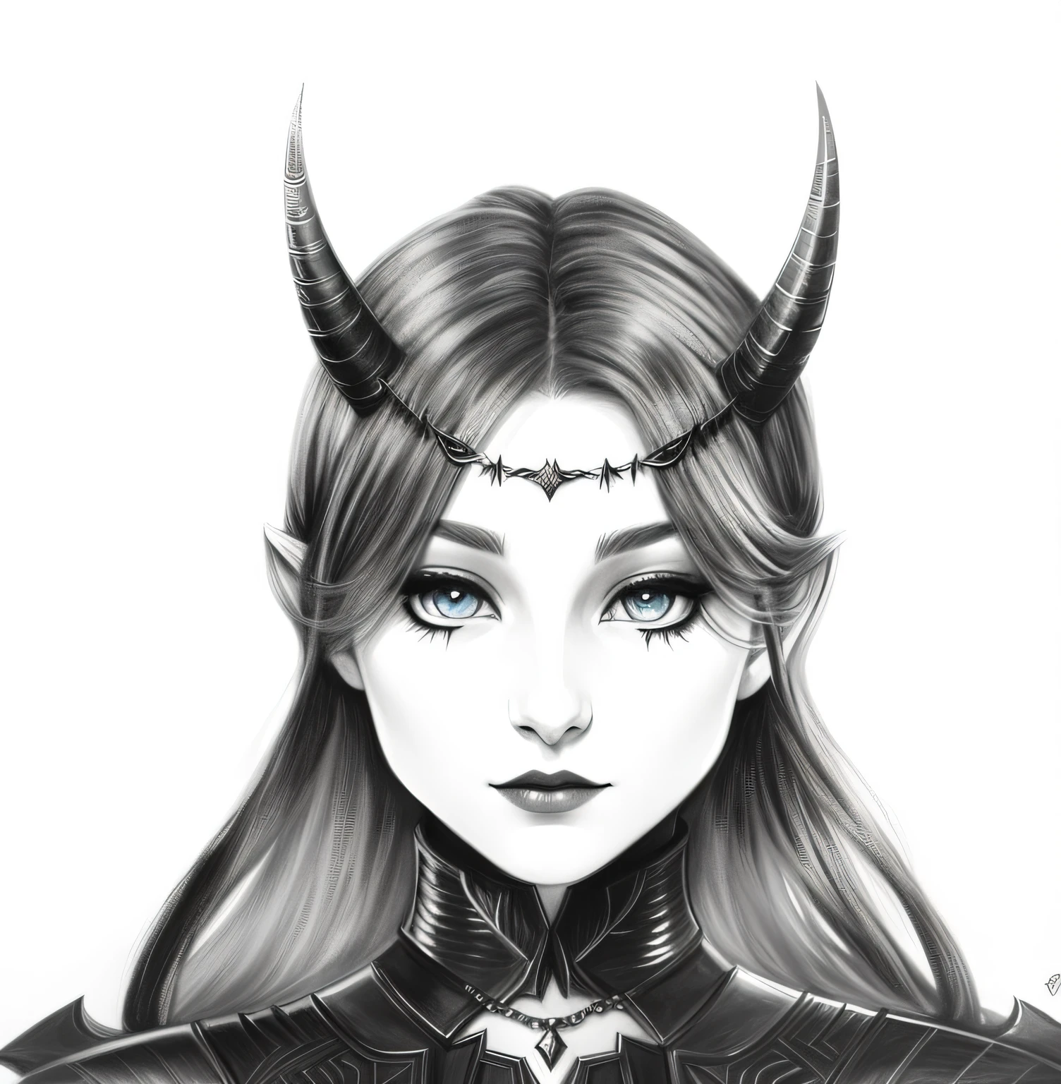 Painting of a girl with horns and a cat's head, girl design lush horns, dnd portrait of a tiefling, With horns, fantasy rpg symmetrical portrait, Black and white sketch, detailed matte fantasy portrait, portrait of demon girl, fantasy painting of, drawn in the style of artgerm, fantasy portrait, complex fantasy character, portrait of a dark fantasy nymph --auto