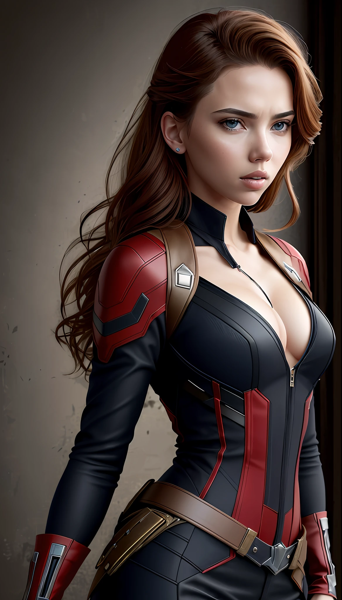 (masterpiece), (best quality), (photorealistic:1.3), 8k, detailed skin texture, detailed cloth texture, beautiful detailed face, intricate details, ultra detailed, scarlett johansson, Black Widow in the style of the Captain America, straight red hair, (full-length body:1.2)