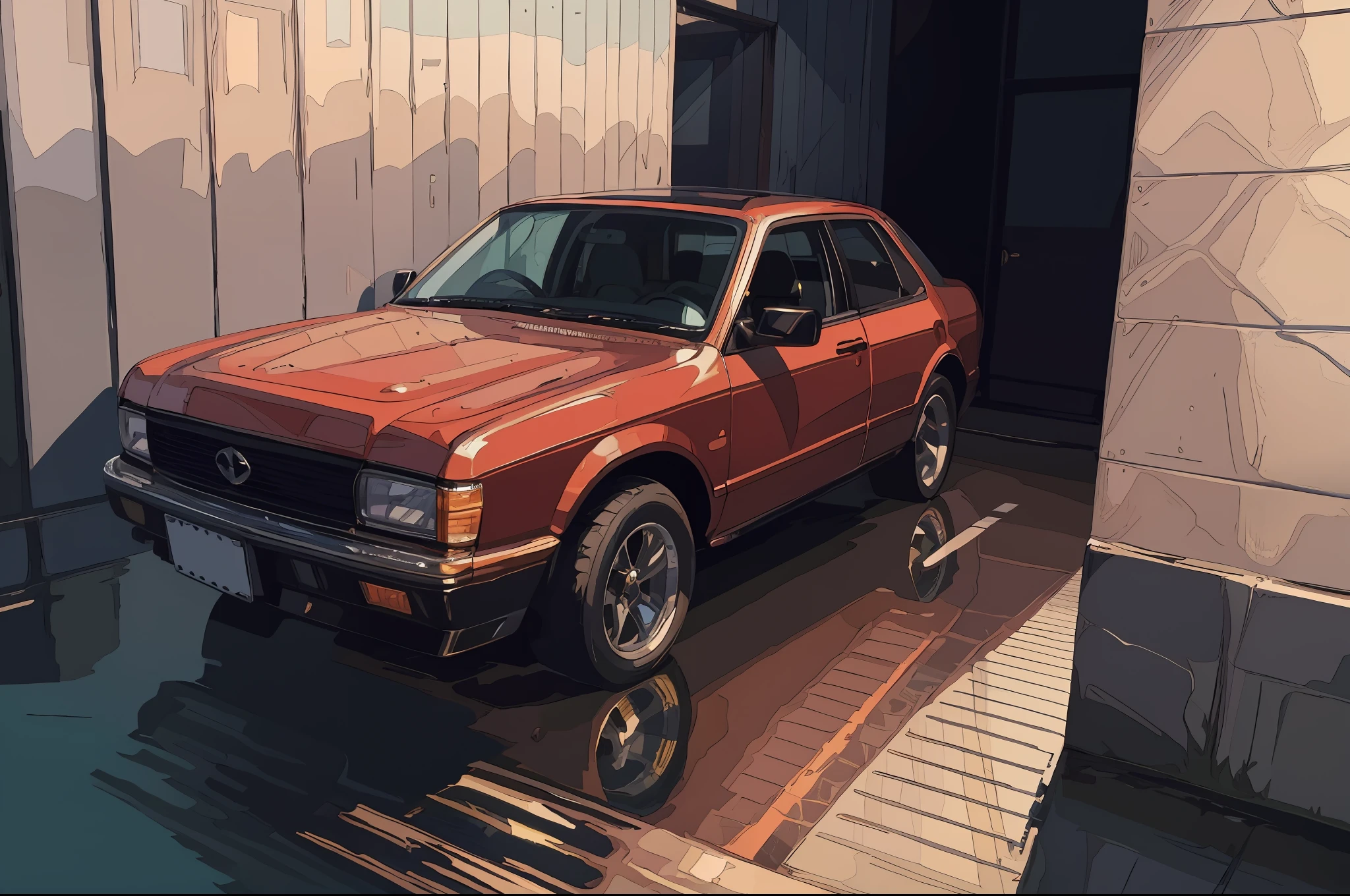 (masterpiece,best quality:1),official art,extremely detailed CG unity 8k wallpaper,illustration, light,car, bright, motor vehicle, ground vehicle, sports car, vehicle focus, wet, indoors, night, flat light,garage, auto shop,1990s \(style\),