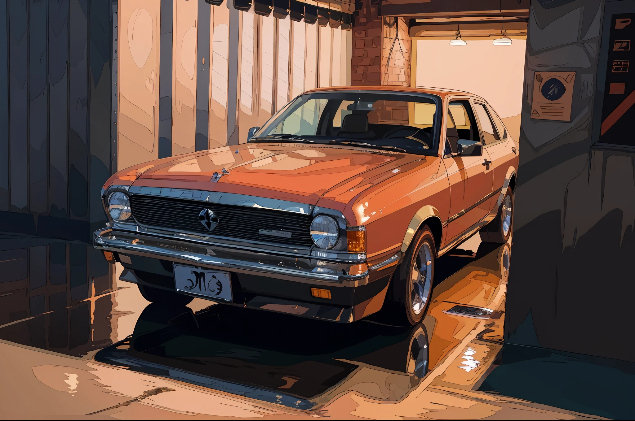 (masterpiece,best quality:1),official art,extremely detailed CG unity 8k wallpaper,illustration, light,car, bright, motor vehicle, ground vehicle, sports car, vehicle focus, wet, indoors, night, flat light,garage, auto shop,1990s \(style\),