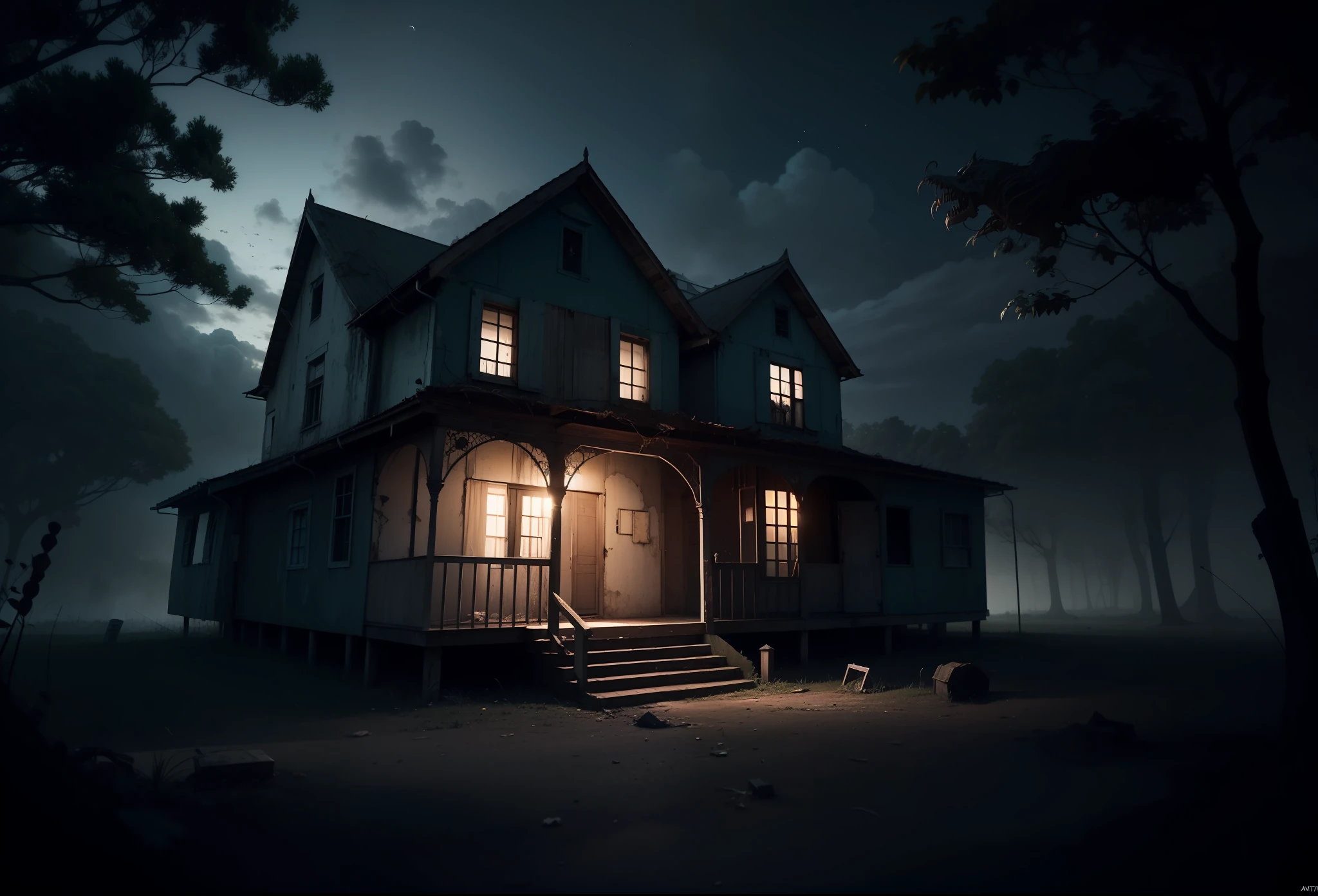 Casa antiga e abandonada, scary, horror, noite escura, atmosfera sombria, 8k, maximum detailed, alta qualidade