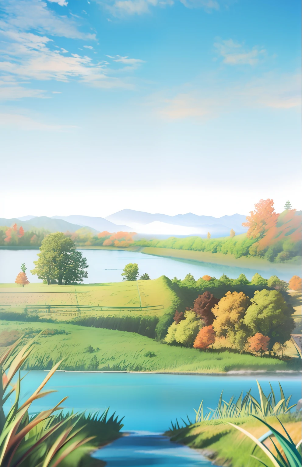 There is a picture of a beautiful landscape with a river, Nature wallpaper, beautiful landscape rendering, 3 d landscape, Landscape wallpaper, 3D landscape, anime nature wallpap, background environment. 8 k'', nature scenes, scenery wallpaper, peaceful landscape, photorealistic landscapes, natural realistic render, Anime Nature, Amazing wallpapers, Nature views, landscape 4k, Relaxing environment,Autumn colors