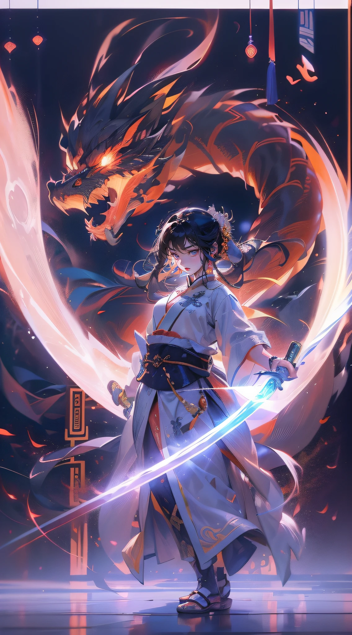 A young Chinese samurai girl wields a glowing sword, Ribbon rotation, As she battles an ancient dragon in a magical ethereal mist. Dynamic action, Flowing fabric, Vibrant neon lights, Chinese mythology ,A half body,- AR2:3 --s 400 --niji 5