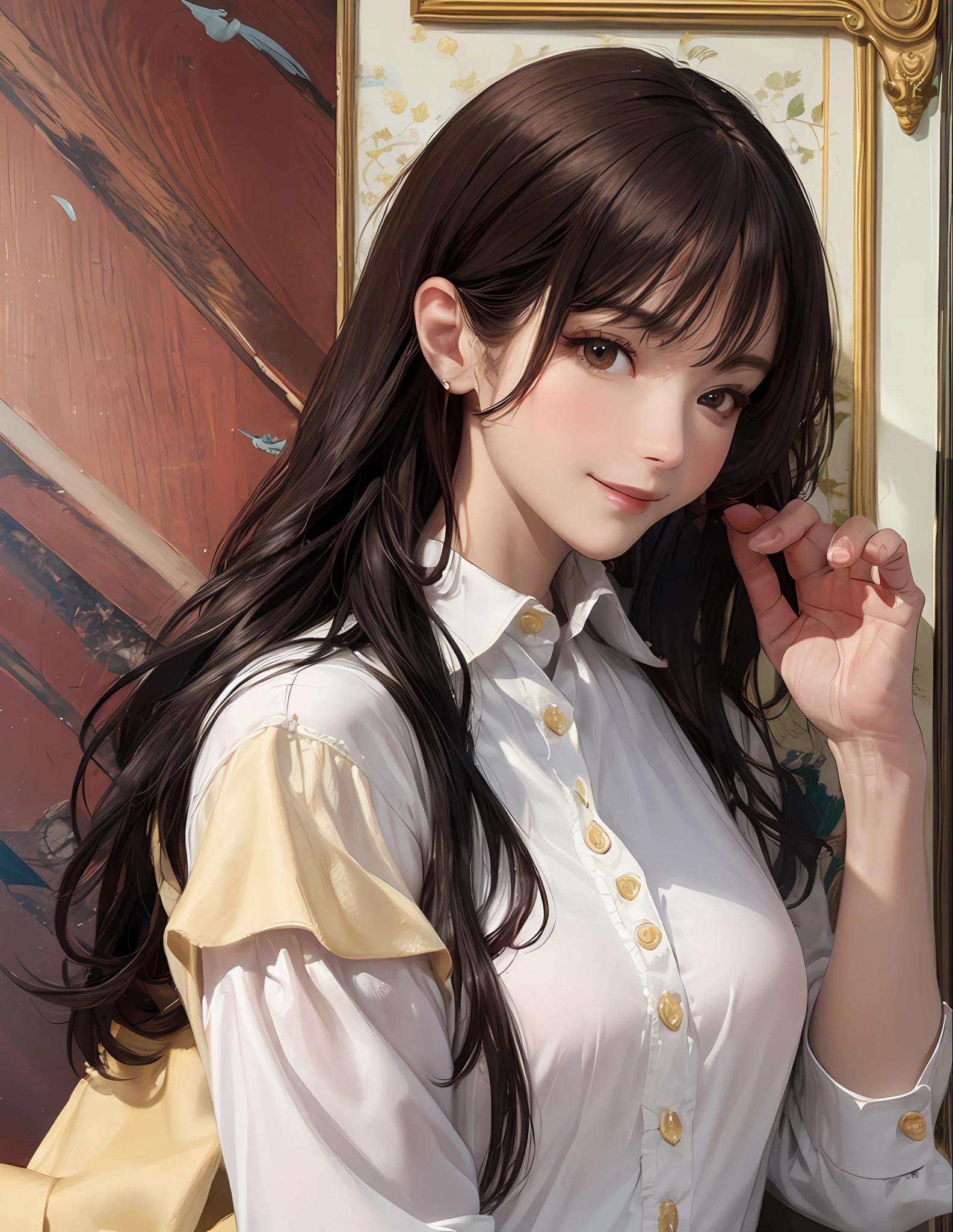 Sargent,Mucha, King,ctoil, 1girll, Black hair, Long hair, Realistic, frontage, Lips, Closed mouth, shirt,ssmile