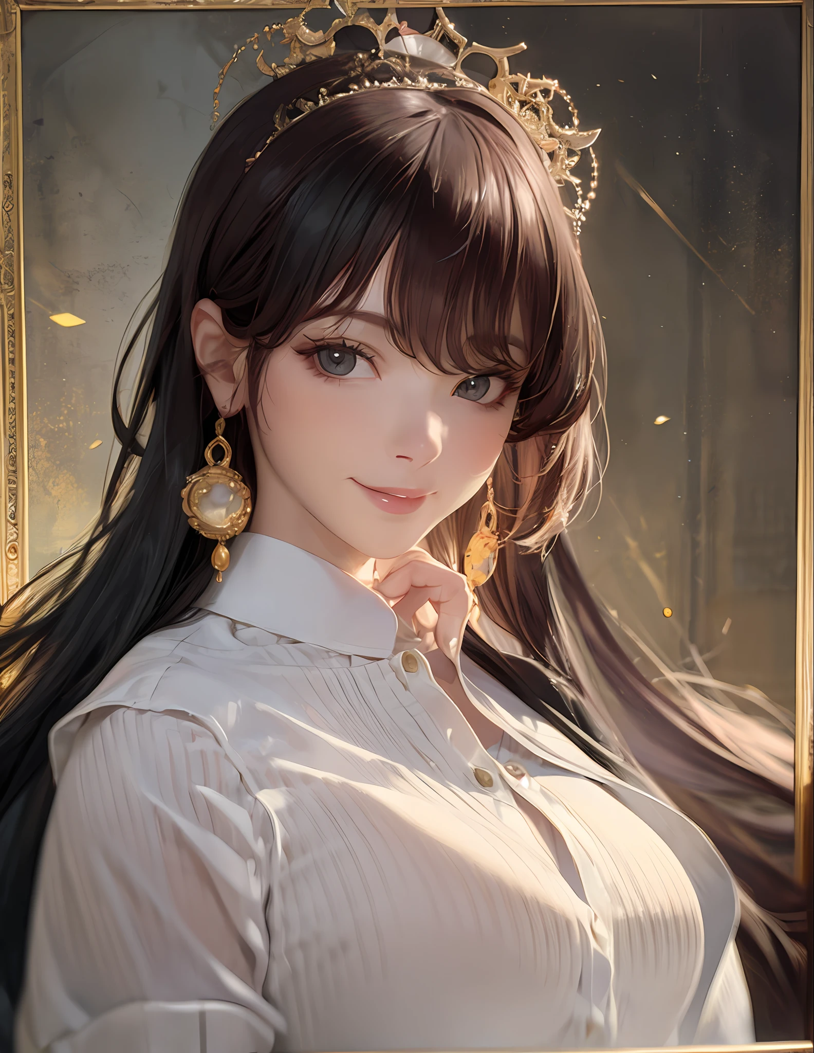 Sargent,Mucha, King,ctoil, 1girll, Black hair, Long hair, Realistic, frontage, Lips, Closed mouth, shirt,ssmile
