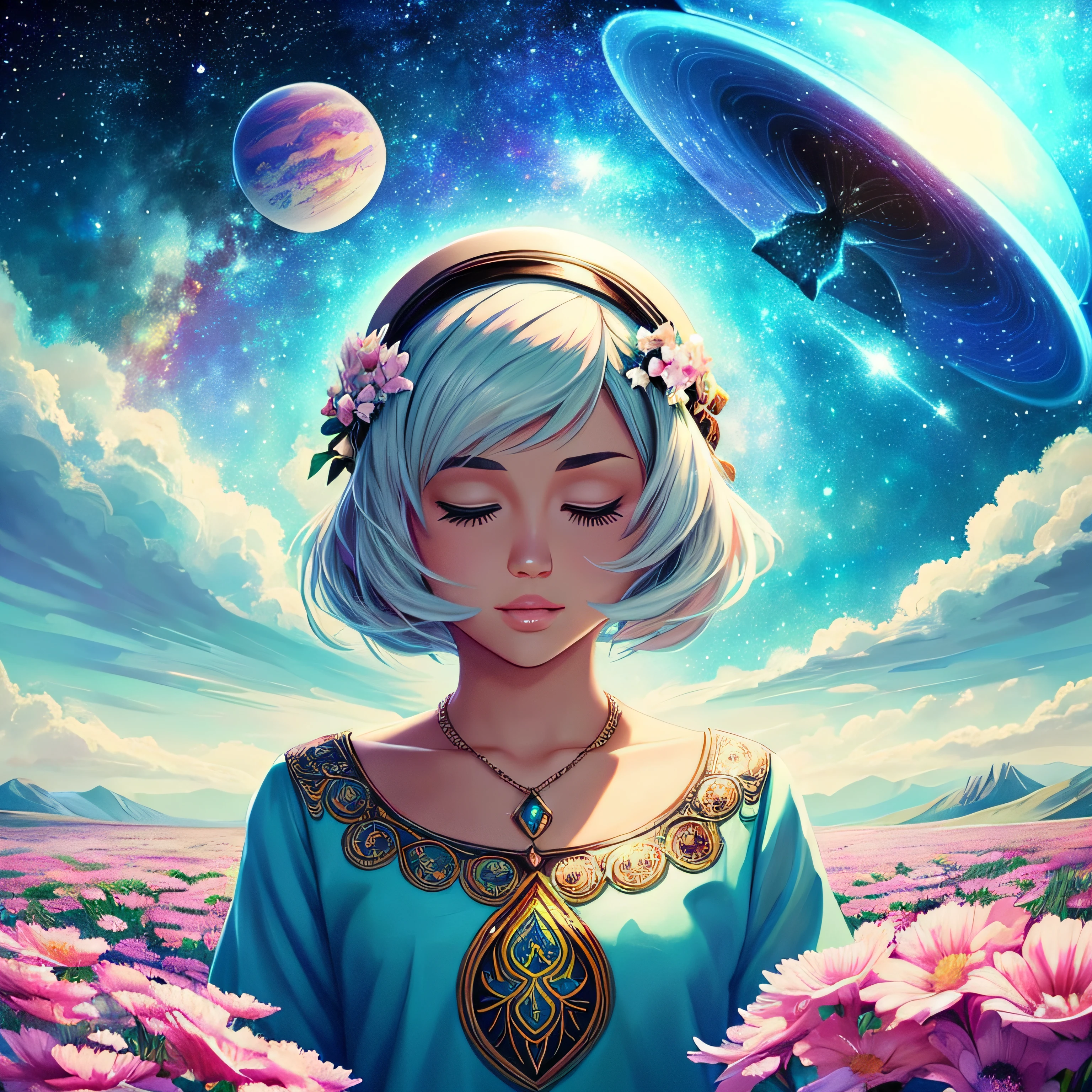 There's Miley Cyrus, who is praying with his eyes closed in a field of flowers, (((ela tem o cabelo curto))), (((flying saucer is visible in the sky))), (((galaxy is visible in the background))), (((roupa: hiphop))), arte digital detalhada bonito, Beautiful digital illustration, painting digital adorable, pintura realista da bonito, retrato bonito da arte da fantasia, retrato bonito da fantasia, stunning digital illustration, a beautiful artwork illustration, Digital painting nice, lindo pintura digital, retrato da arte da fantasia, bela arte digital, Bela arte UHD 4K