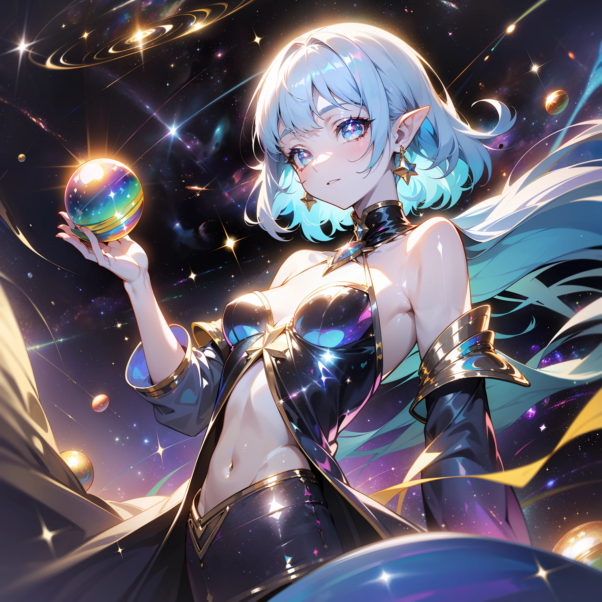 young woman, (((one person))), (((single))), (((solo))), (((slim body))), (((flat chest))), pointy ears, (((pale blue colored hair))), (((silver colored eyes))), (((iridescent eyes))), (glowing eyes), pale skin, (((very small breast))), galaxy in the background, space in the background, stars and planets in the background, ((fantasy style)), (((sparkling clothes))), (((metallic clothes))), (((glitter))), ((shiny clothes)), ((colourful sparkles)), (((floating in space))), ((holding a colourful glowing orb)), magic